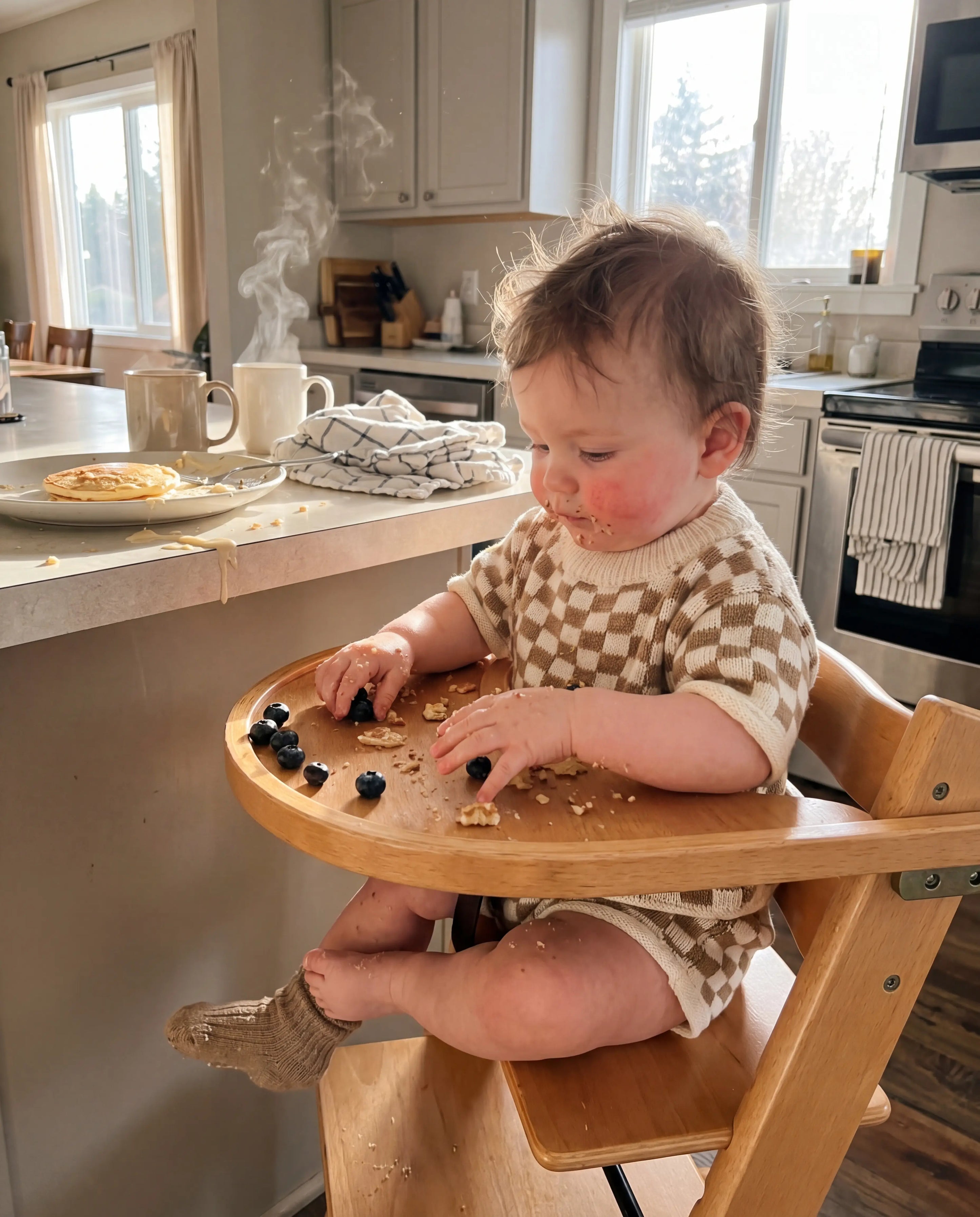 Child in a high chair eating snacks in a kitchen