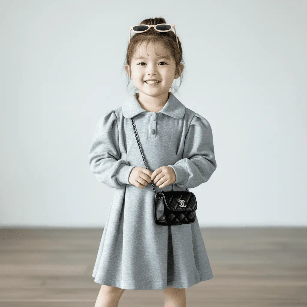 Young girl in a gray dress holding a black handbag with a white background