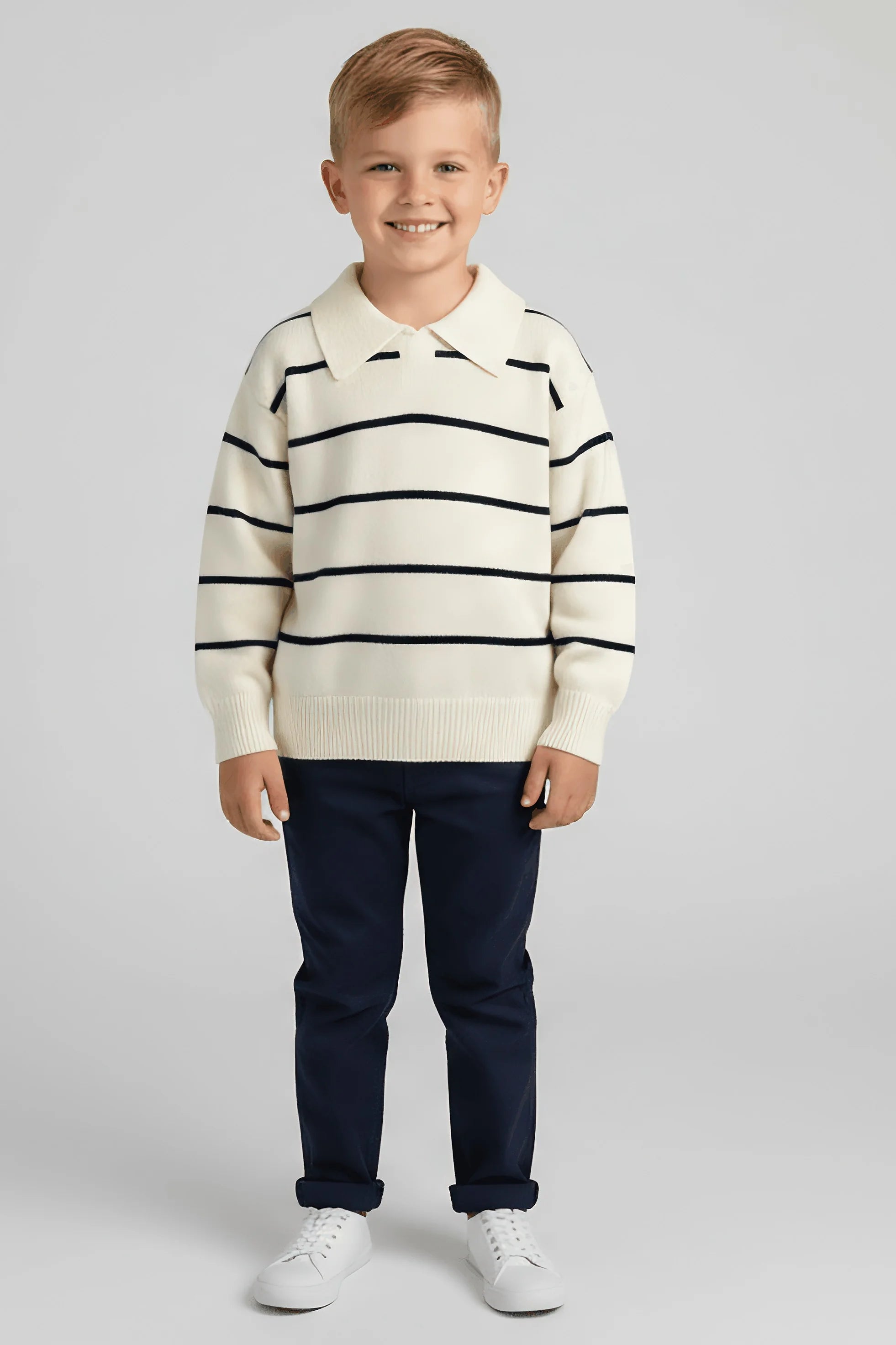 Classic Cream Striped Knit Polo Sweater