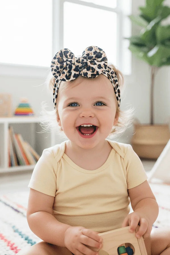 Child wearing a leopard print headband in a bright room with books and a plant.