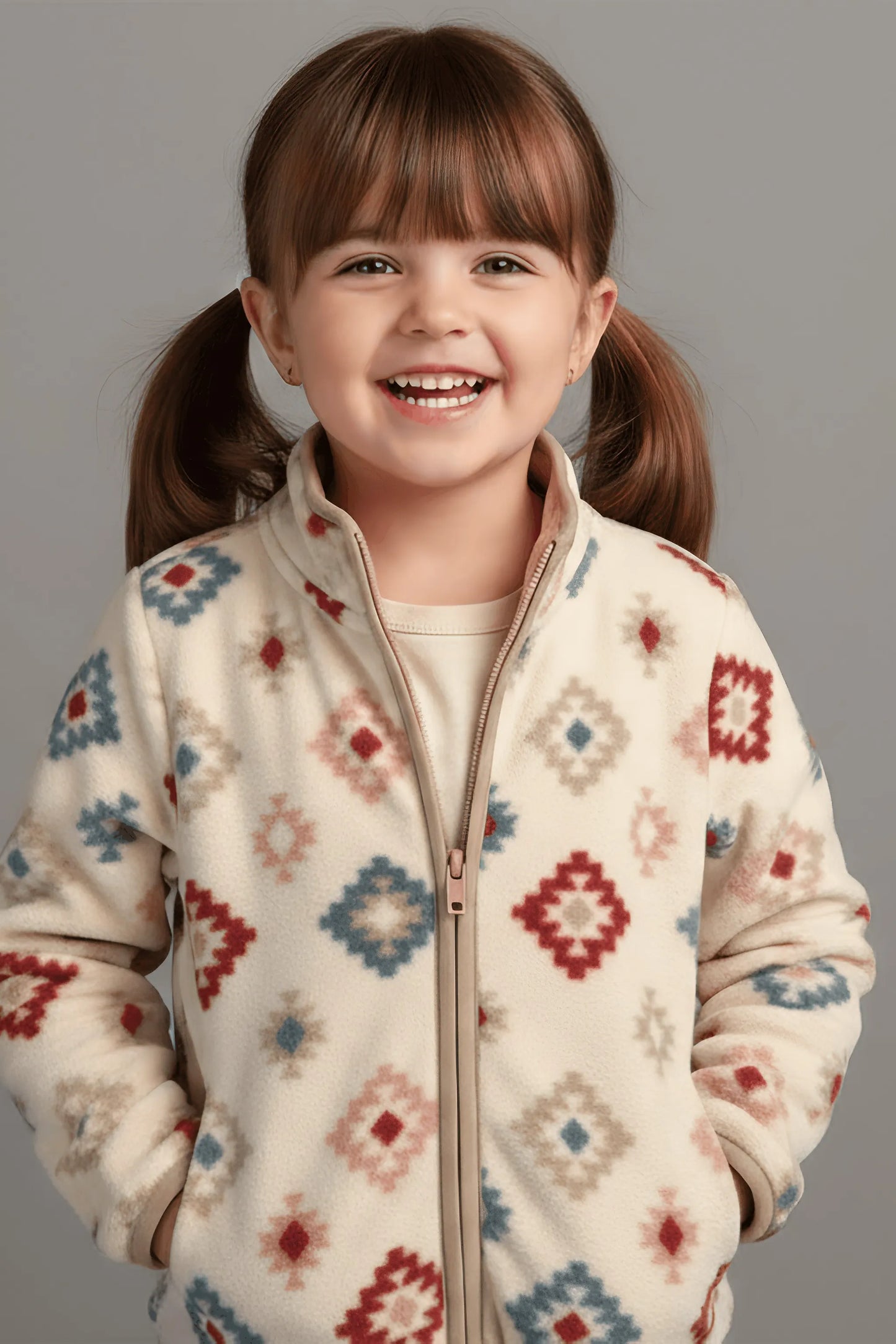 Child wearing a patterned Bubba's and Mama's jacket against a gray background