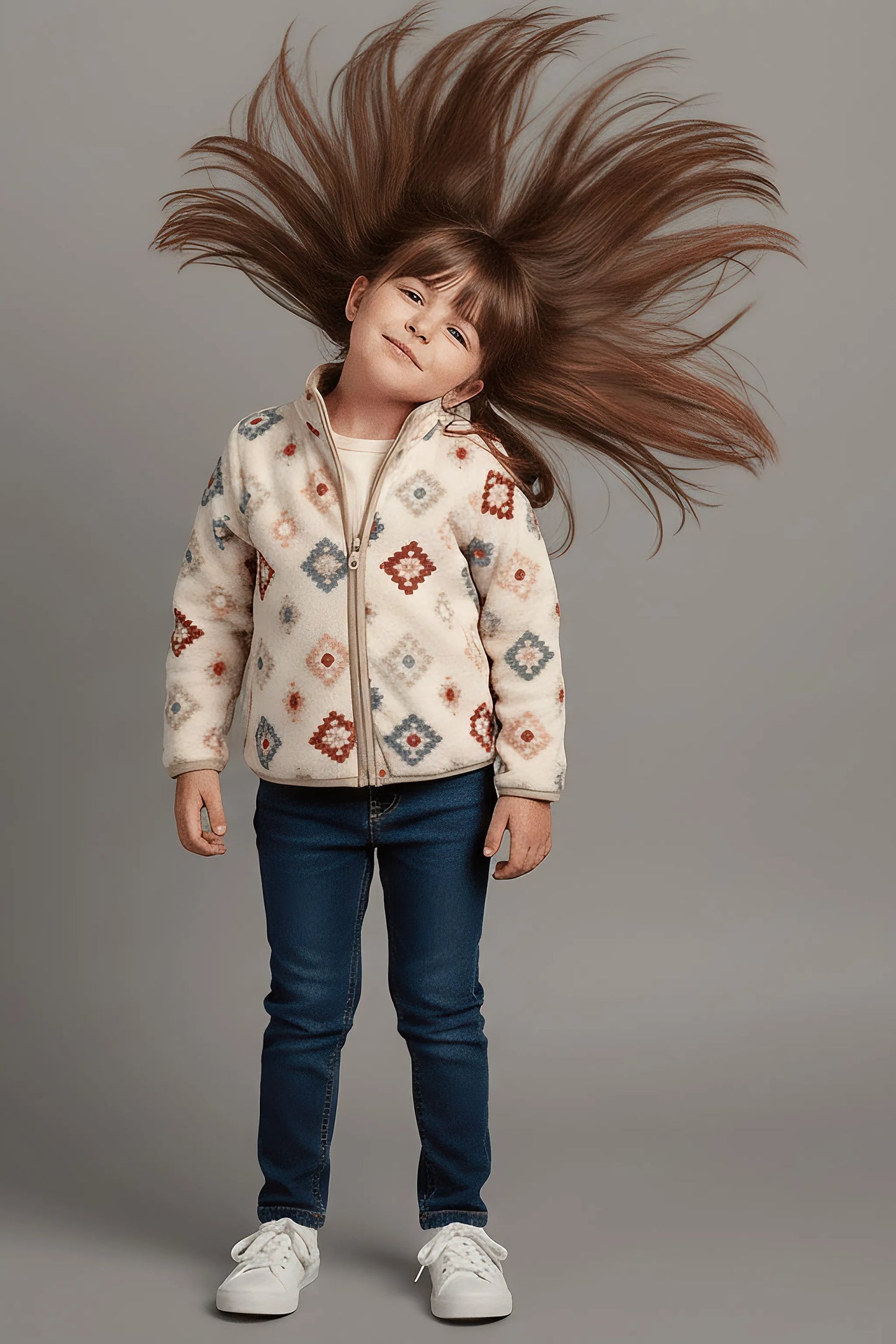 Child wearing a patterned Bubba's and Mama's jacket with long hair being blown to one side against a gray background