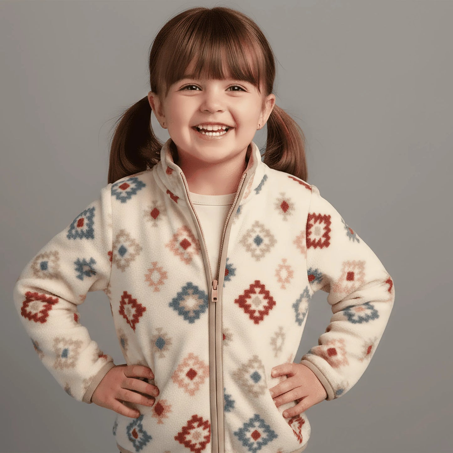 Young girl wearing a patterned Bubba's and Mama's jacket on a gray background