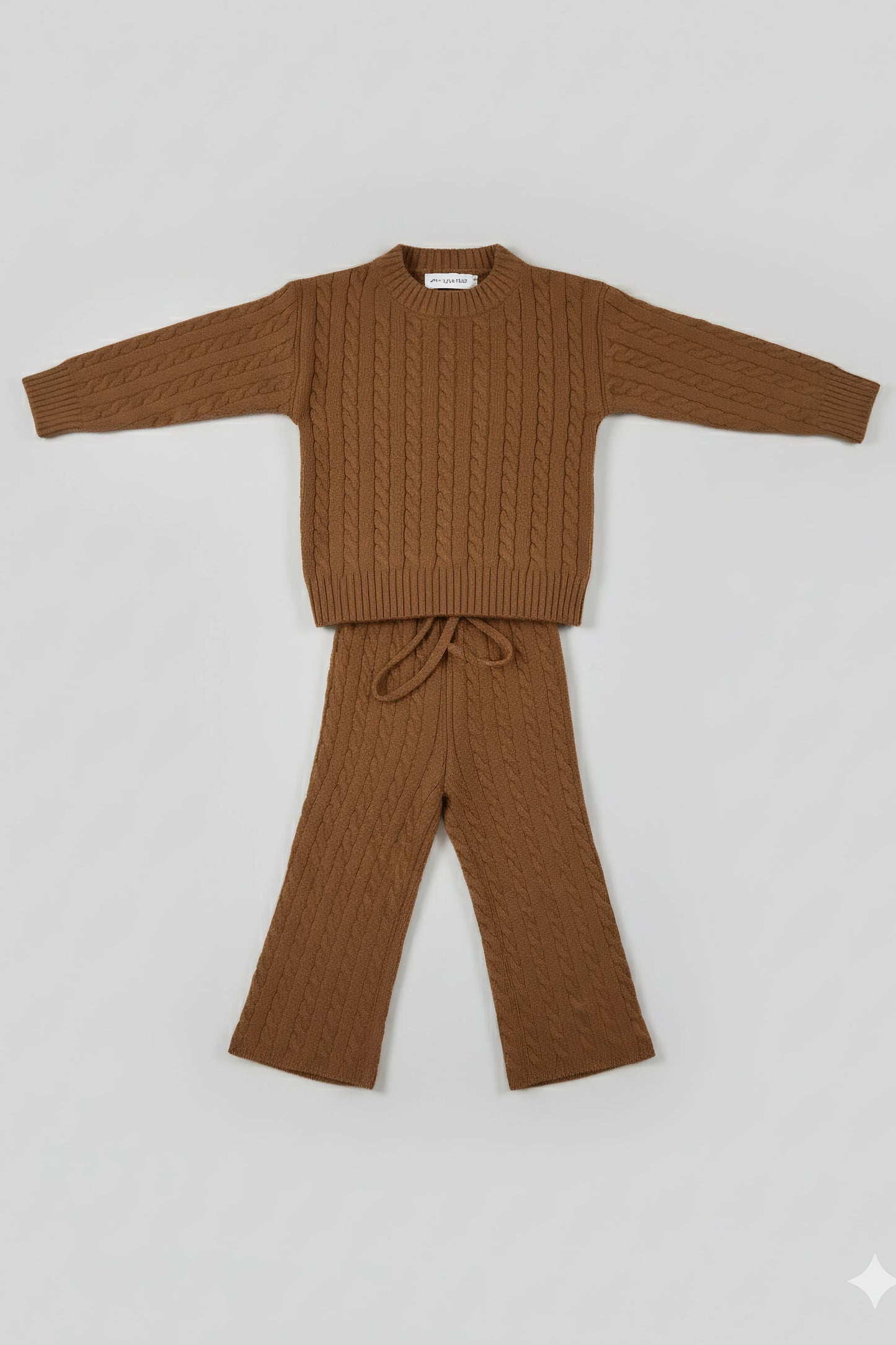Brown ribbed knit Bubba's and Mama's sweater and pants set on a light gray background