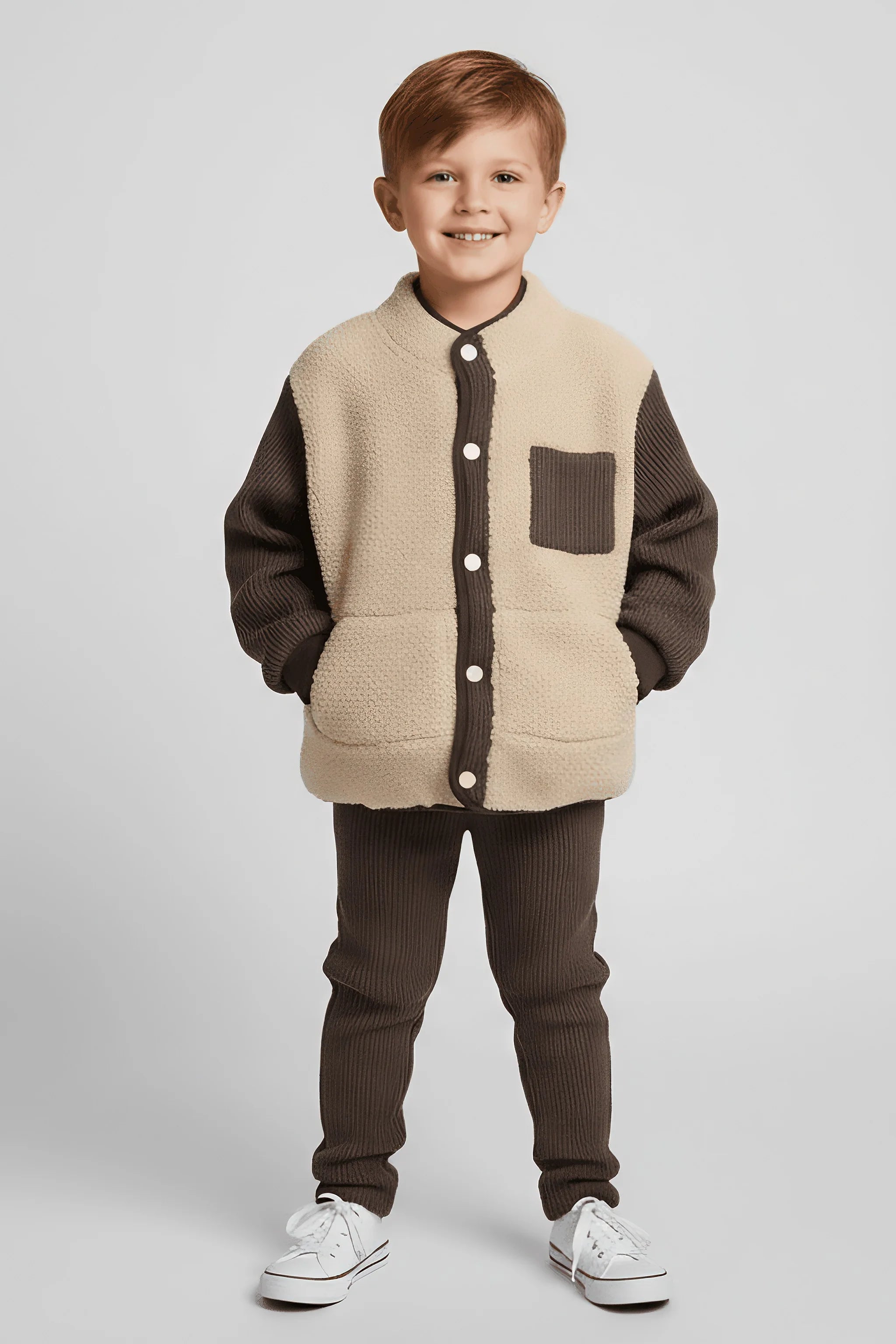 Child wearing a beige and brown Bubba's and Mama's outfit with a textured vest on a light gray background