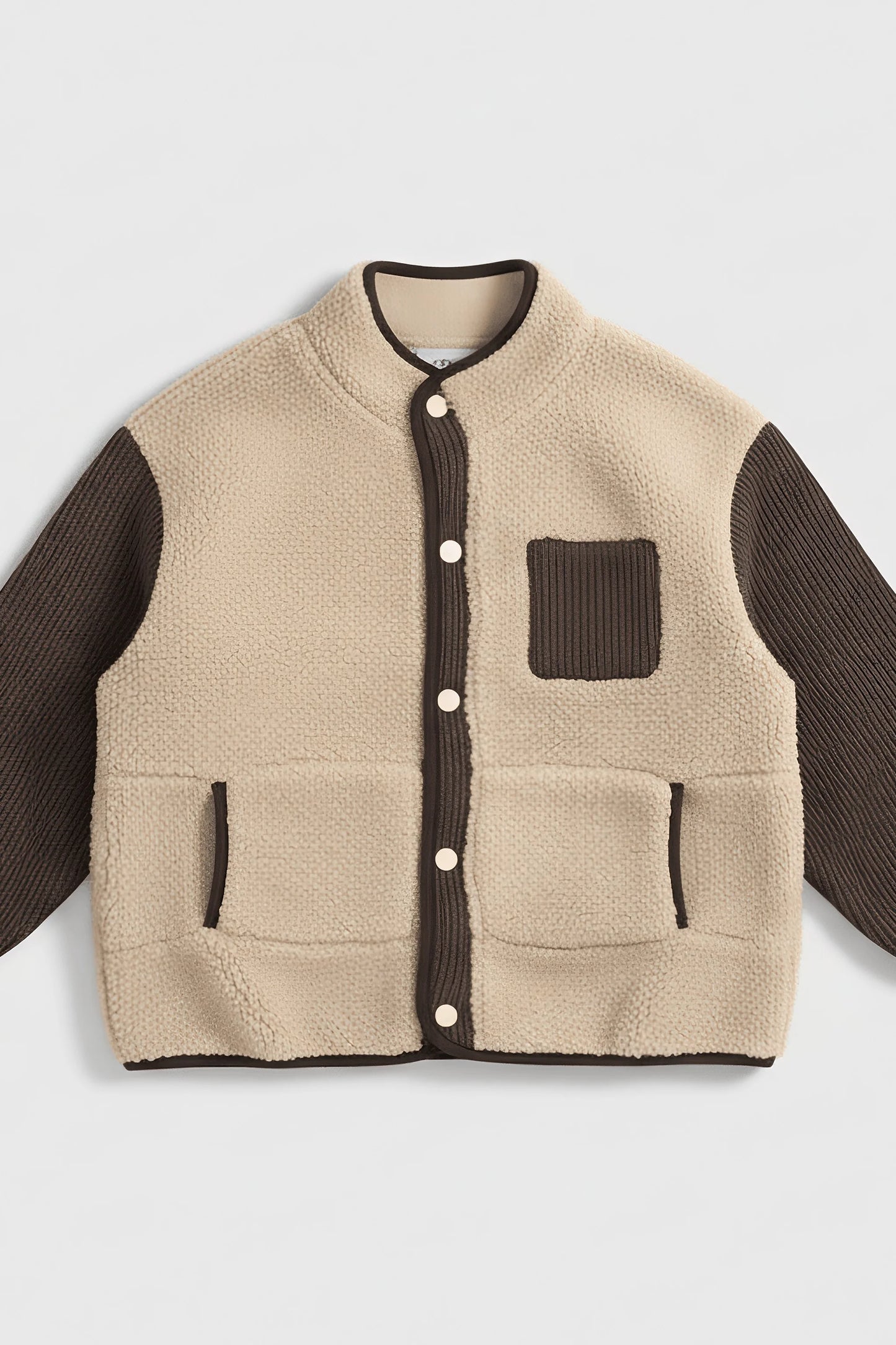 Beige and brown Bubba's and Mama's jacket with button details on a light gray background