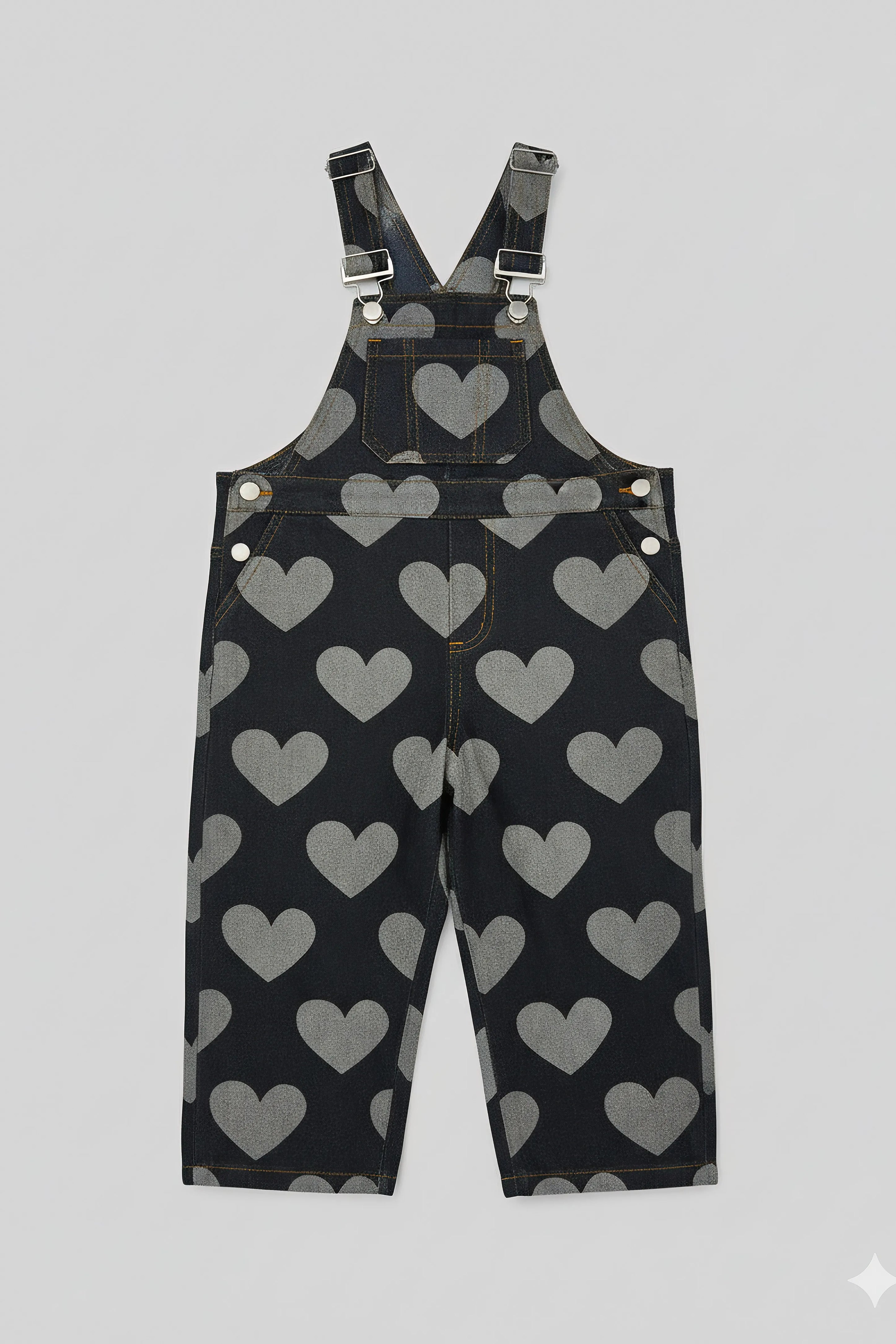 Black Bubba's and Mama's overalls with gray heart patterns on a light gray background