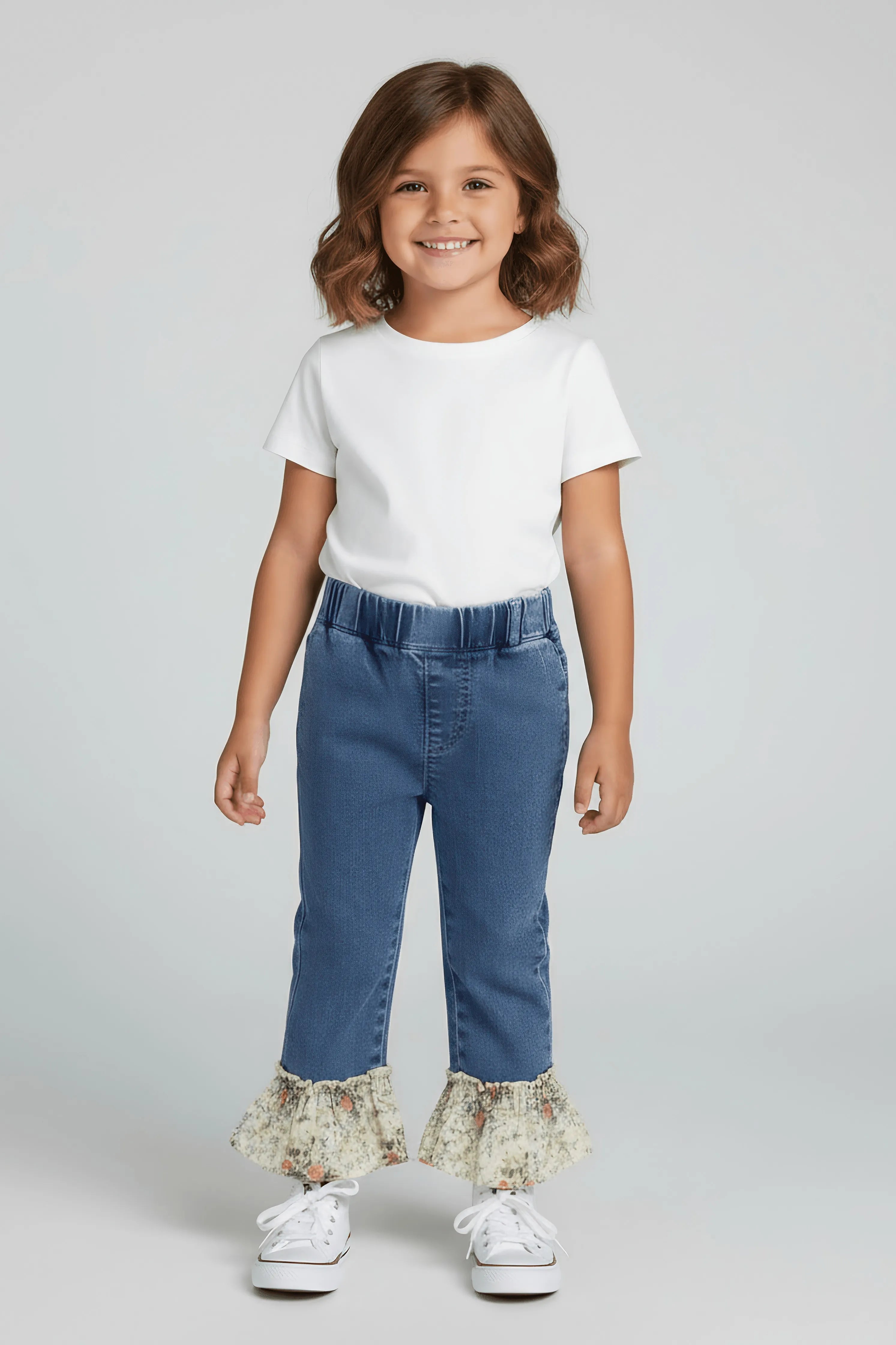 Floral Ruffle Hem Denim Pants