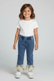 Floral Ruffle Hem Denim Pants