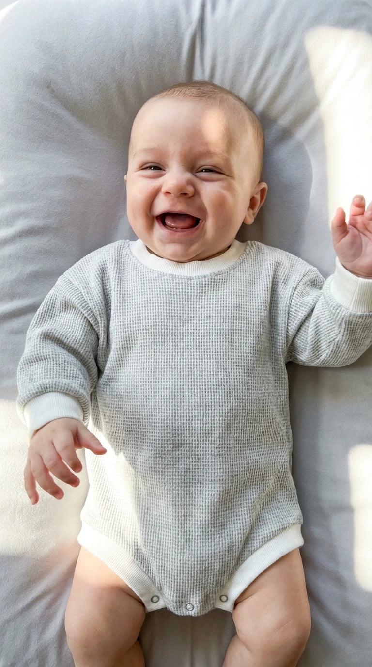Baby in a gray and white checkered onesie lying on a soft surface