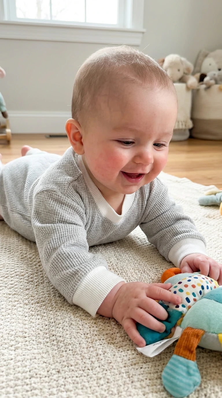 Baby playing with a toy on a carpeted floor