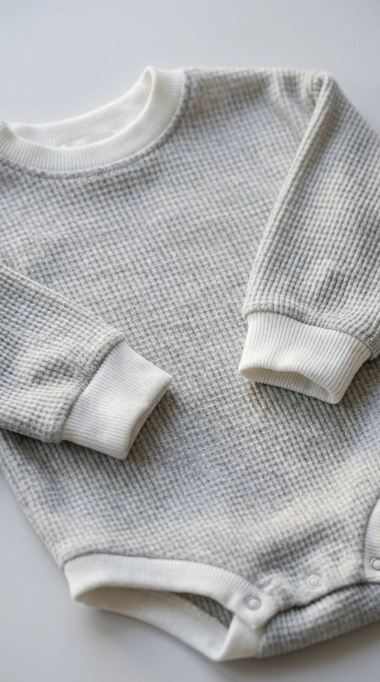 Gray baby onesie with a textured pattern on a light gray background