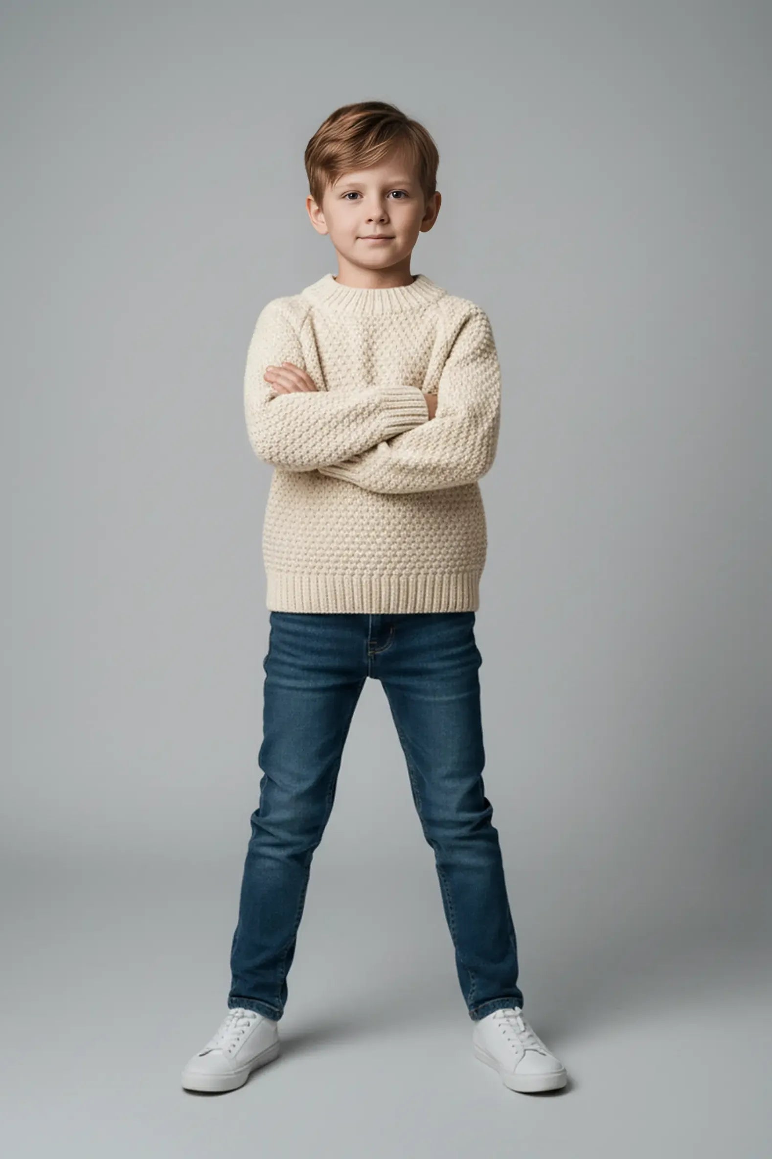Young boy wearing a cream Bubba's and Mama's sweater and blue jeans standing against a gray background