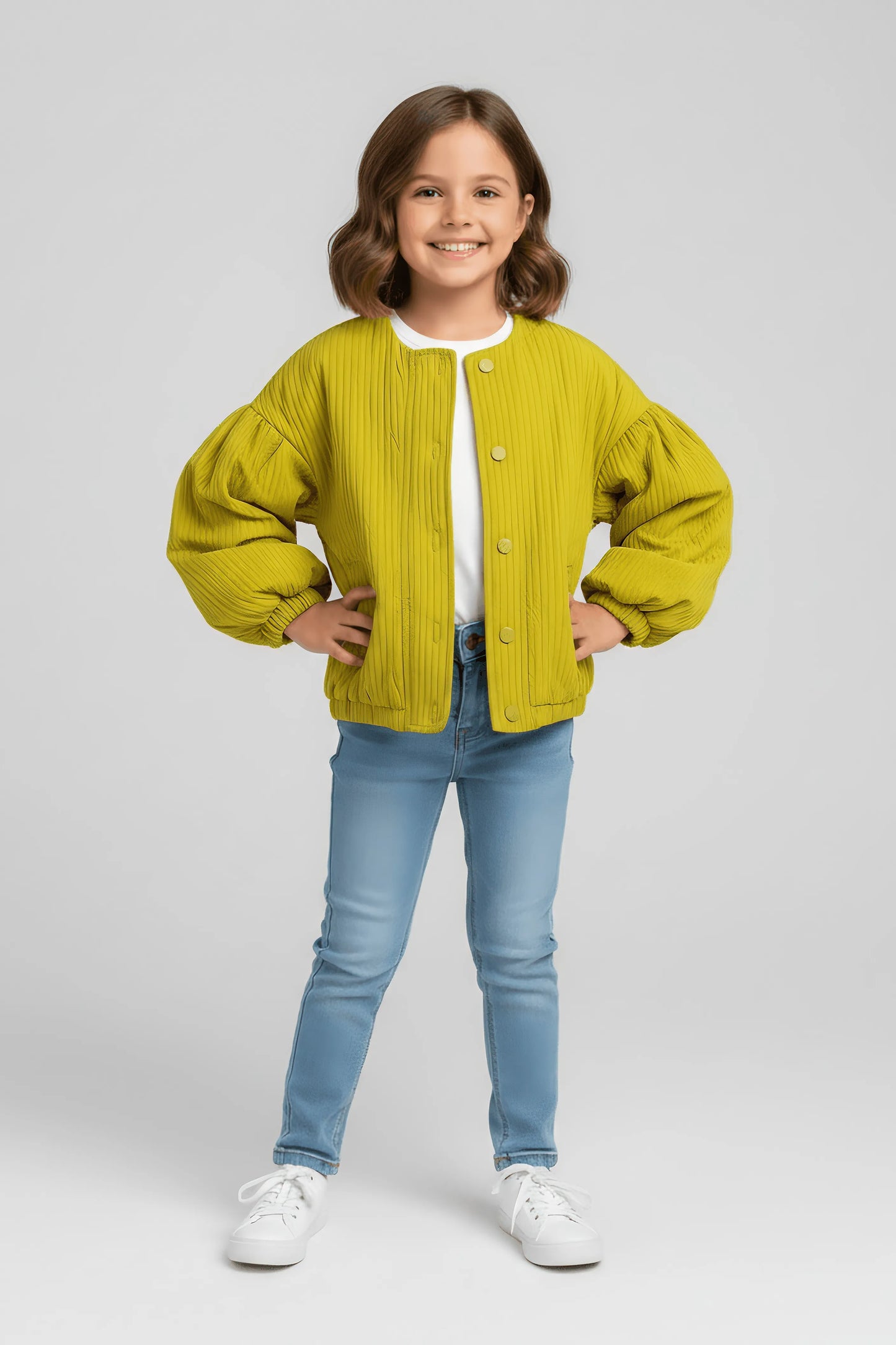 Child wearing a mustard yellow jacket, white shirt, blue jeans, and white sneakers on a light gray background