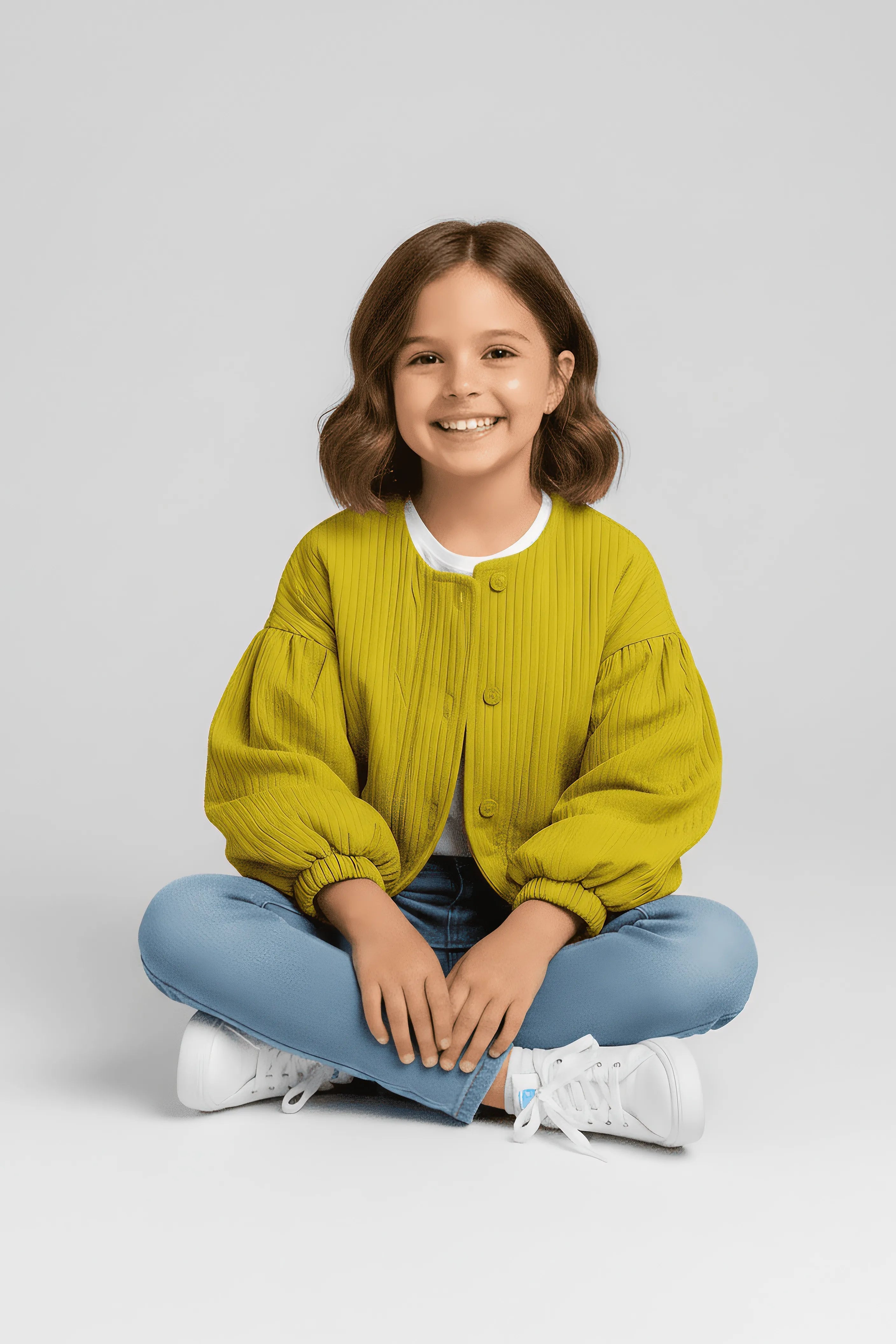Young girl wearing a yellow jacket sitting on the floor against a white background