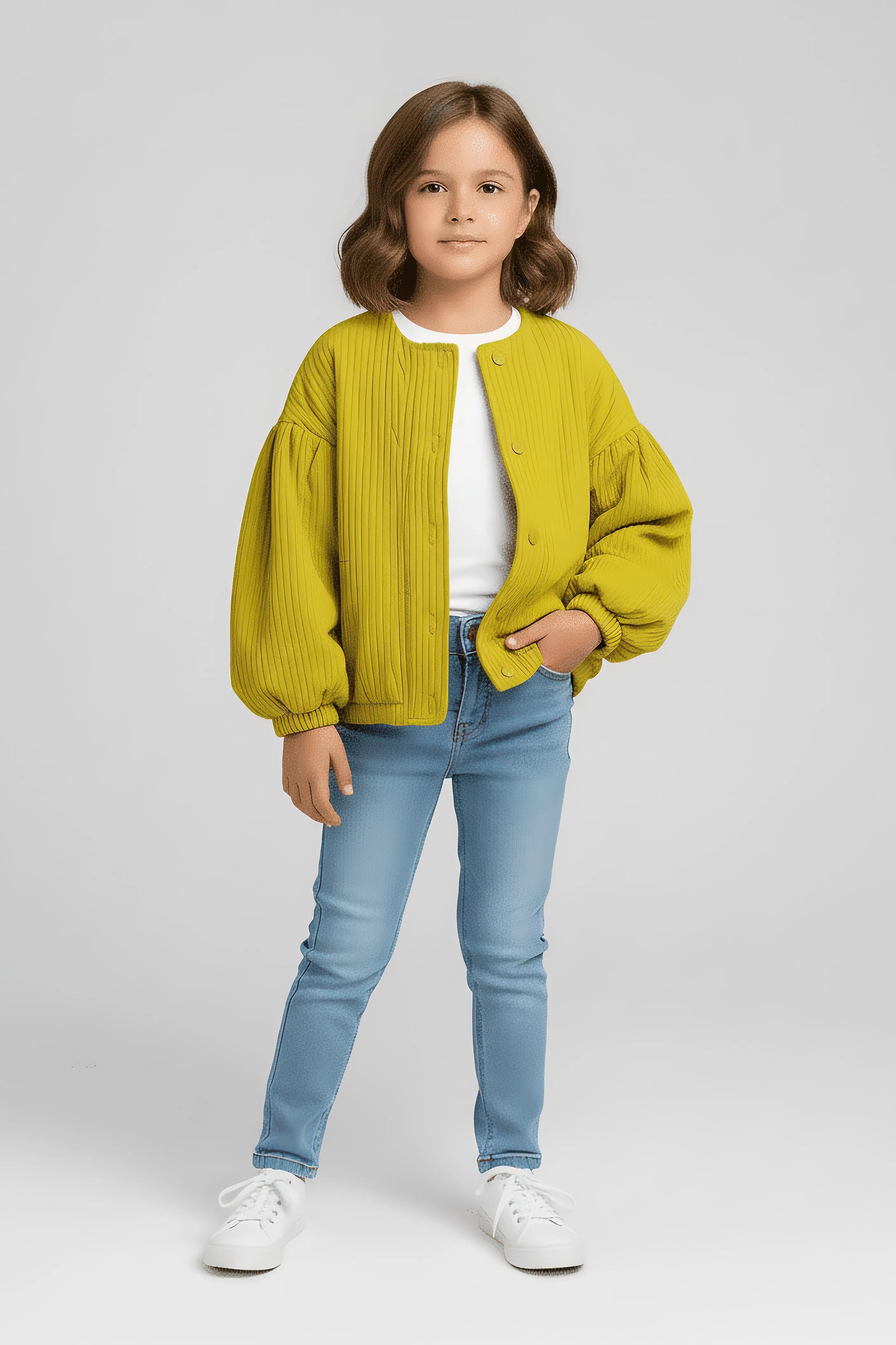 Child wearing a yellow jacket, white shirt, blue jeans, and white sneakers on a light gray background