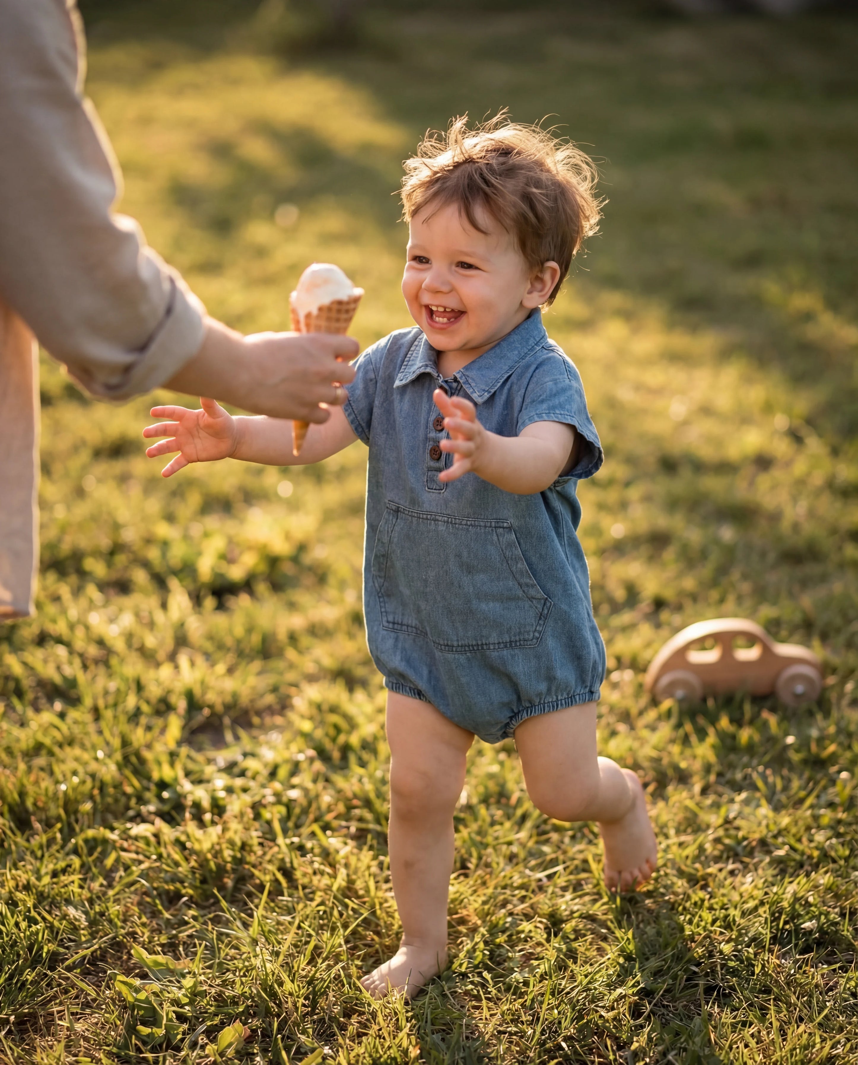 Toddler wearing denim baby romper outdoors, comfortable kids clothing for everyday play in Canada
