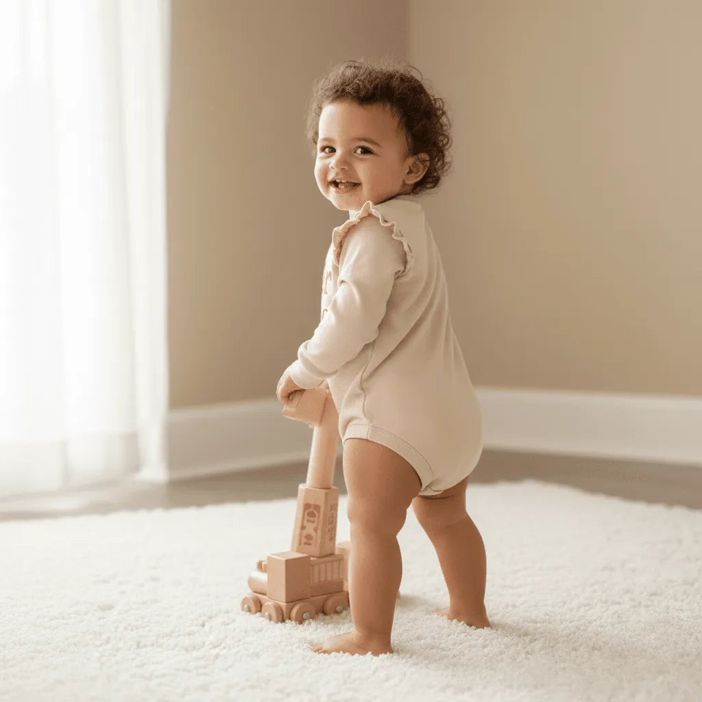 Baby standing on a carpeted floor with a toy, smiling.
