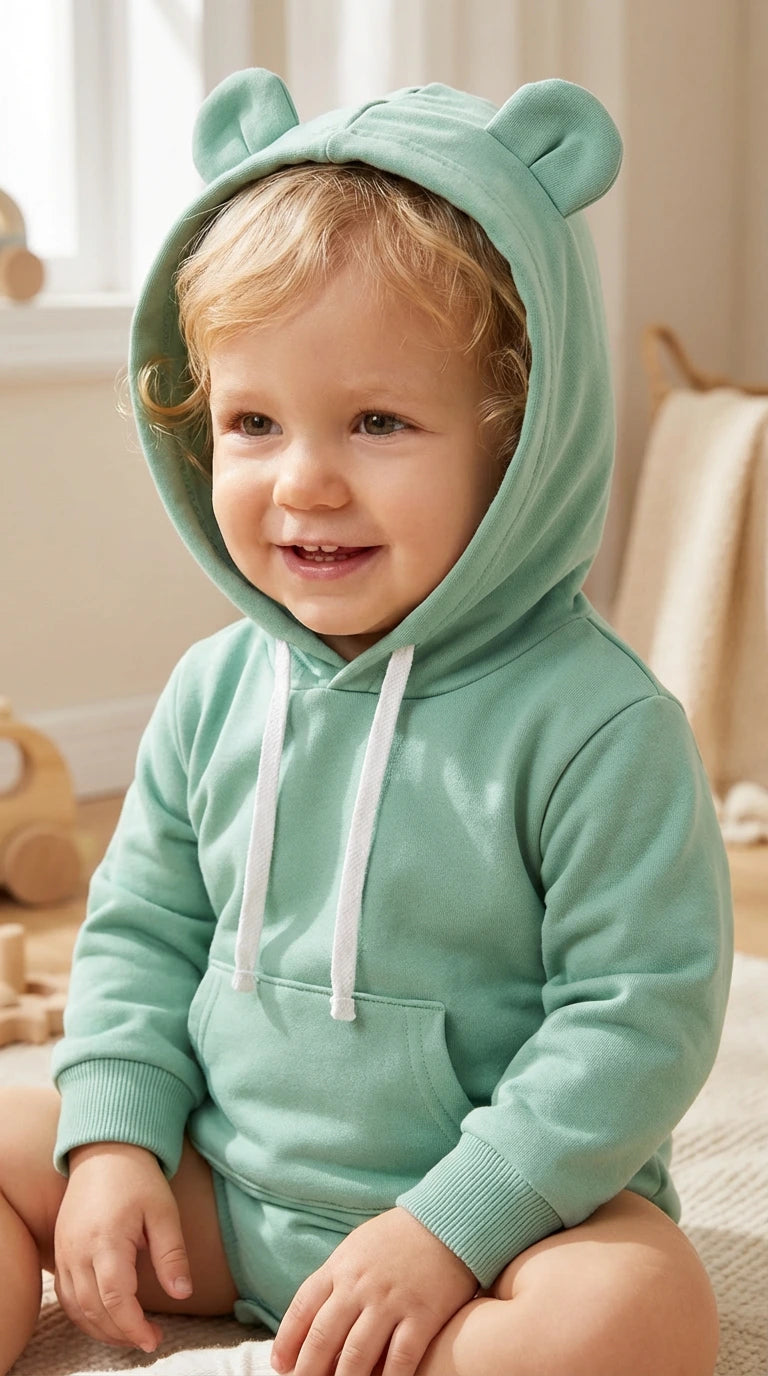 Child wearing a light green hoodie with bear ears, sitting on a wooden floor.
