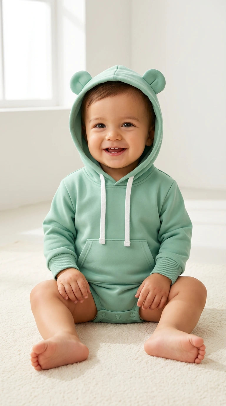 Baby wearing a green hoodie with bear ears sitting on a white surface.