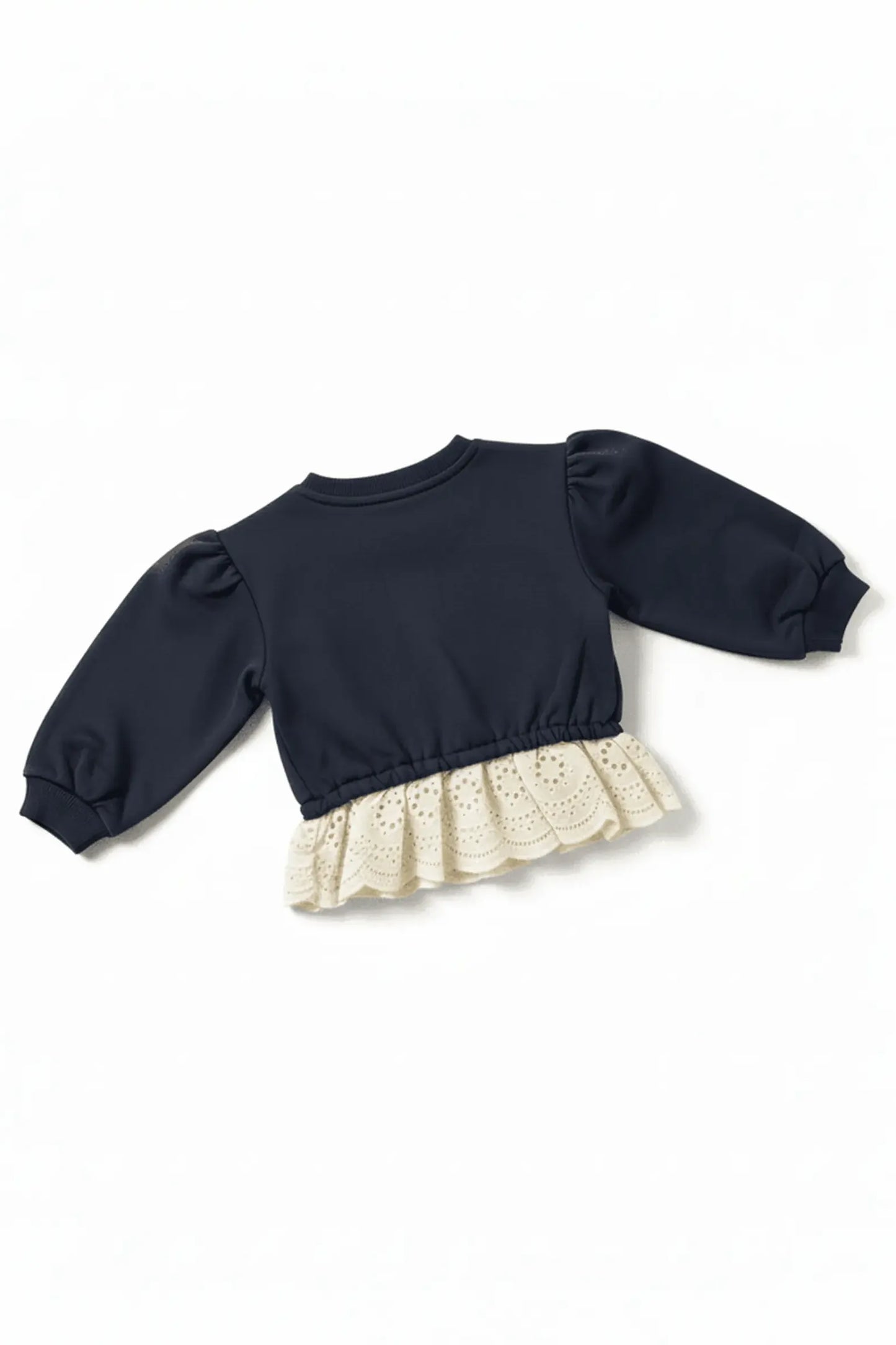 Navy Bubba's and Mama's blue sweater with ruffled cream hem on a white background