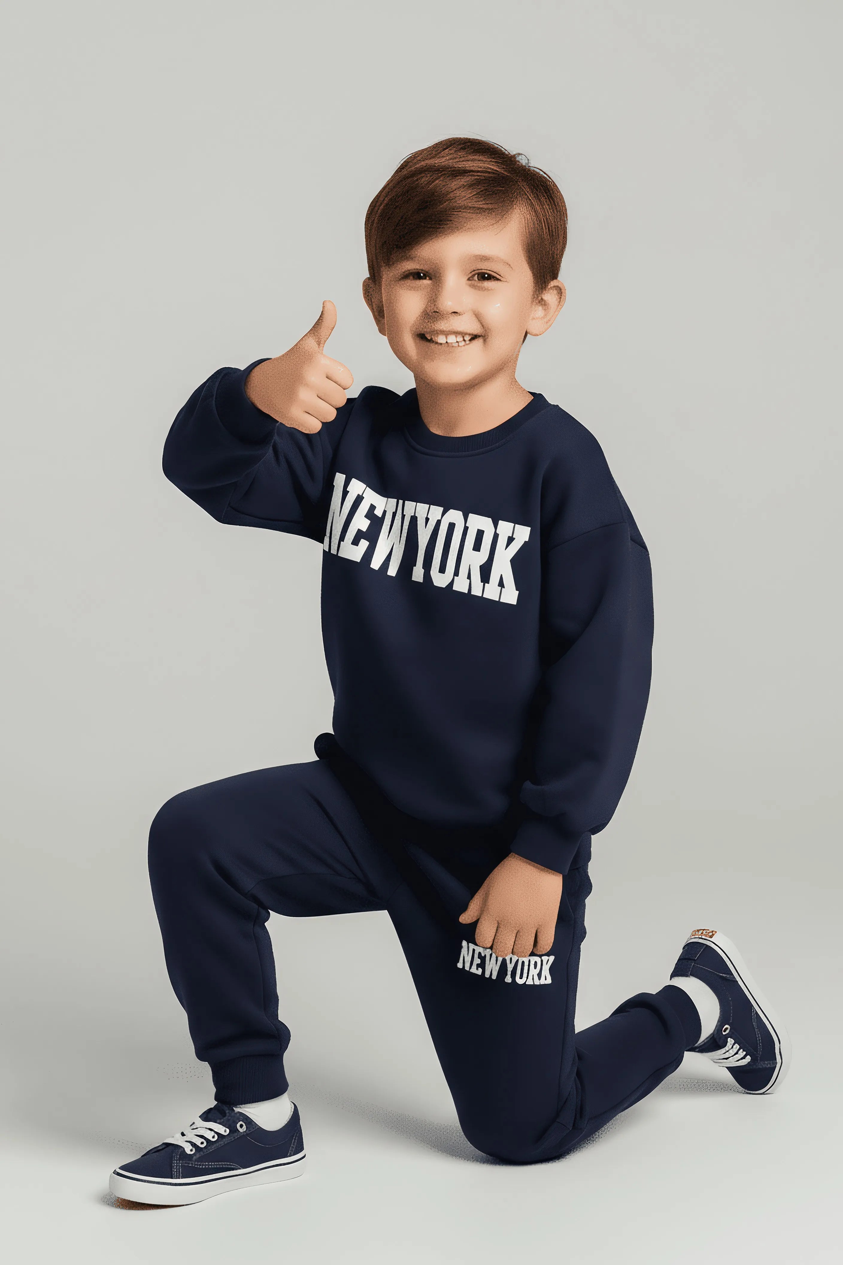 Child wearing a navy 'New York' sweatshirt and pants on a light gray background