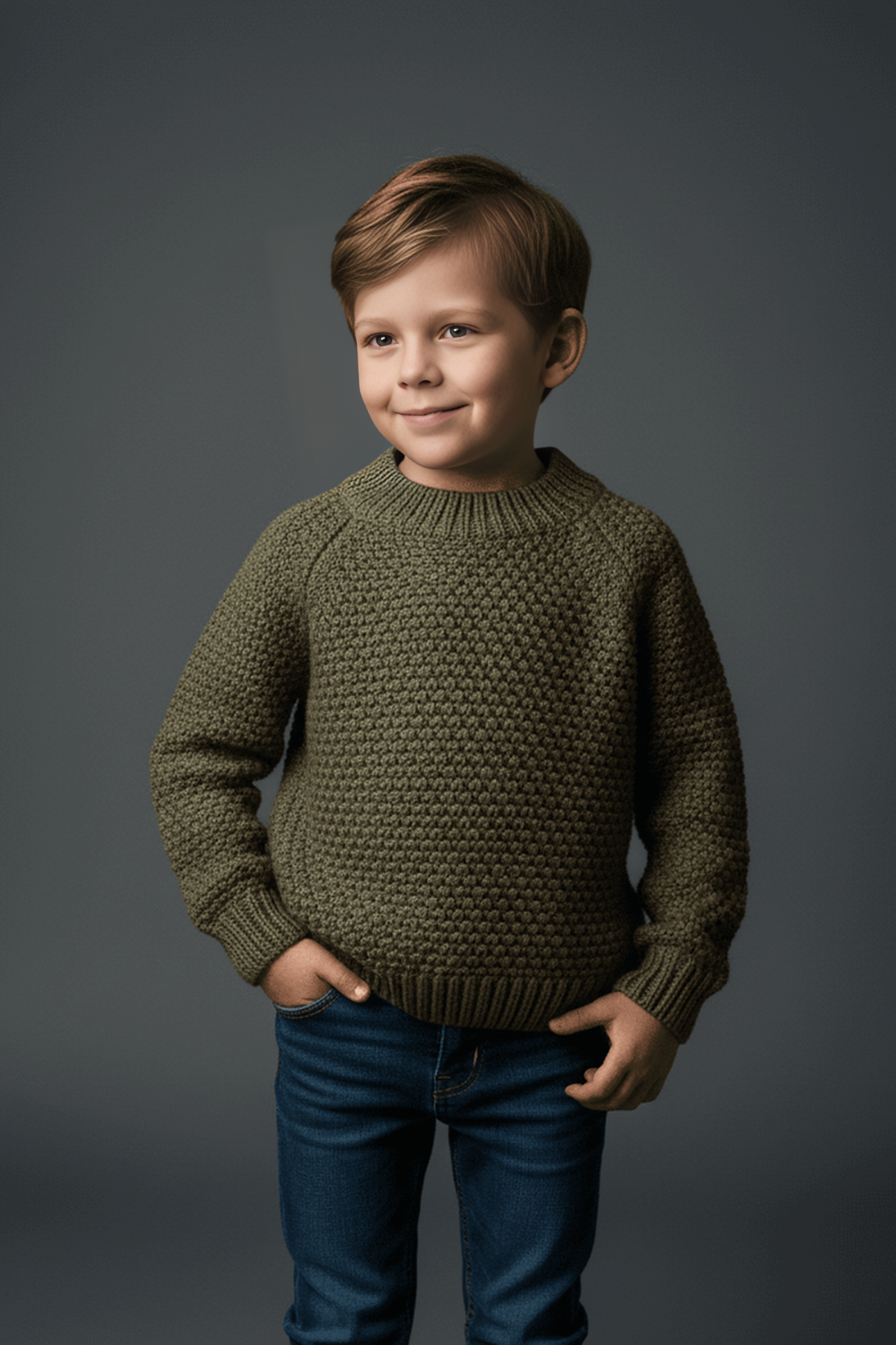 Young boy wearing a green Bubba's and Mama's knitted sweater against a gray background