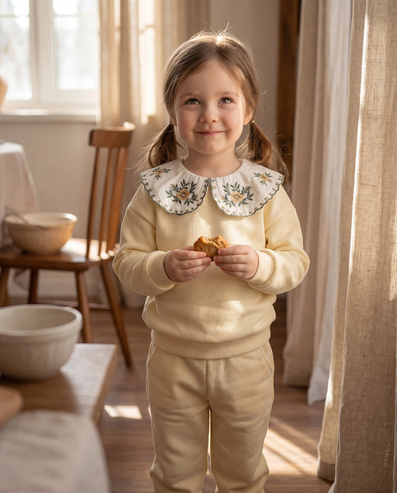 Pastel Yellow Floral Embroidered Collar Top
