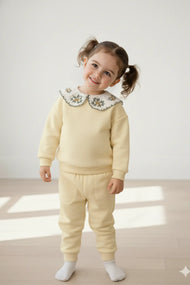 Pastel Yellow Floral Embroidered Collar Top