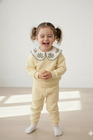 Pastel Yellow Floral Embroidered Collar Top