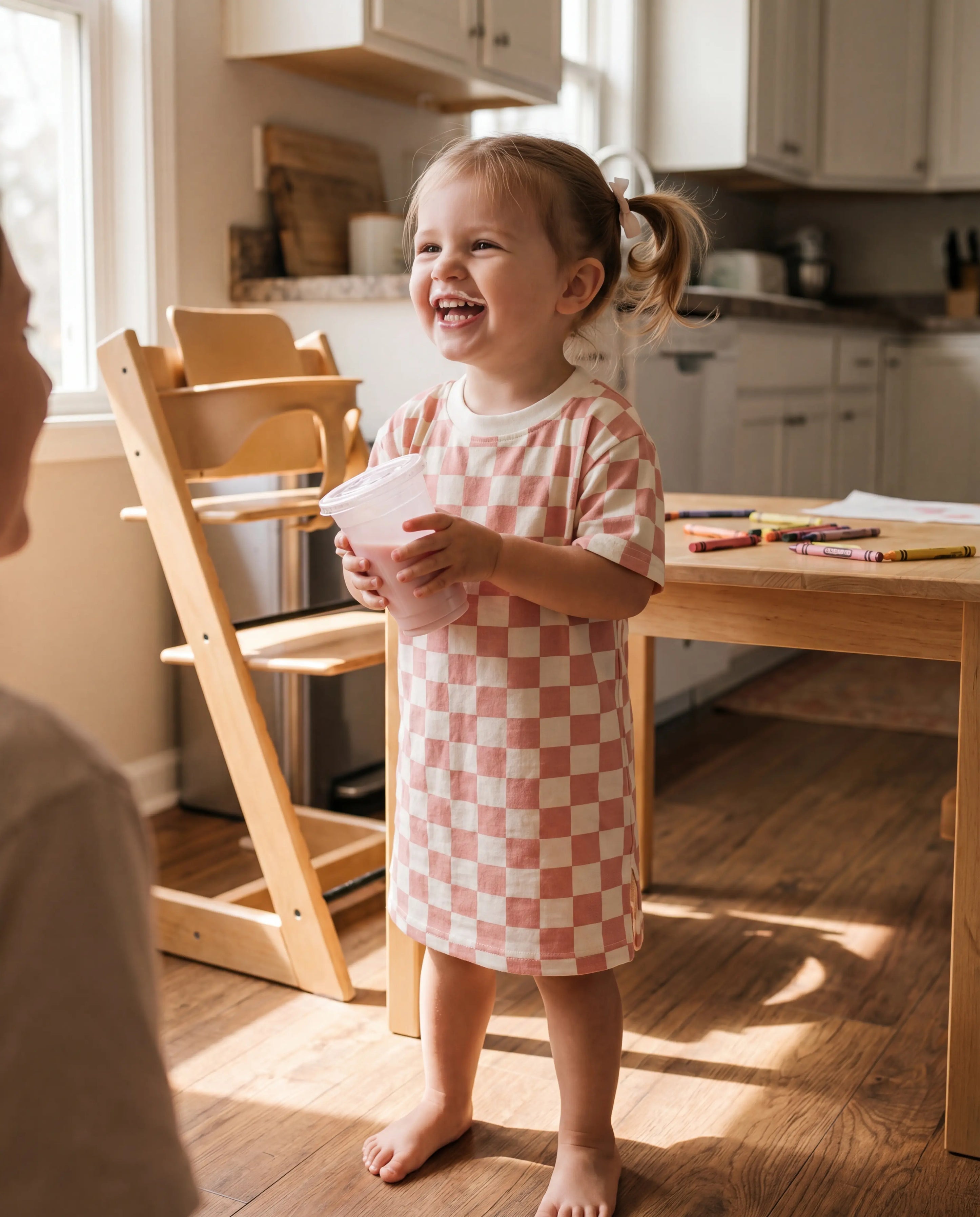 Peach Checkered Kids T-Shirt Dress