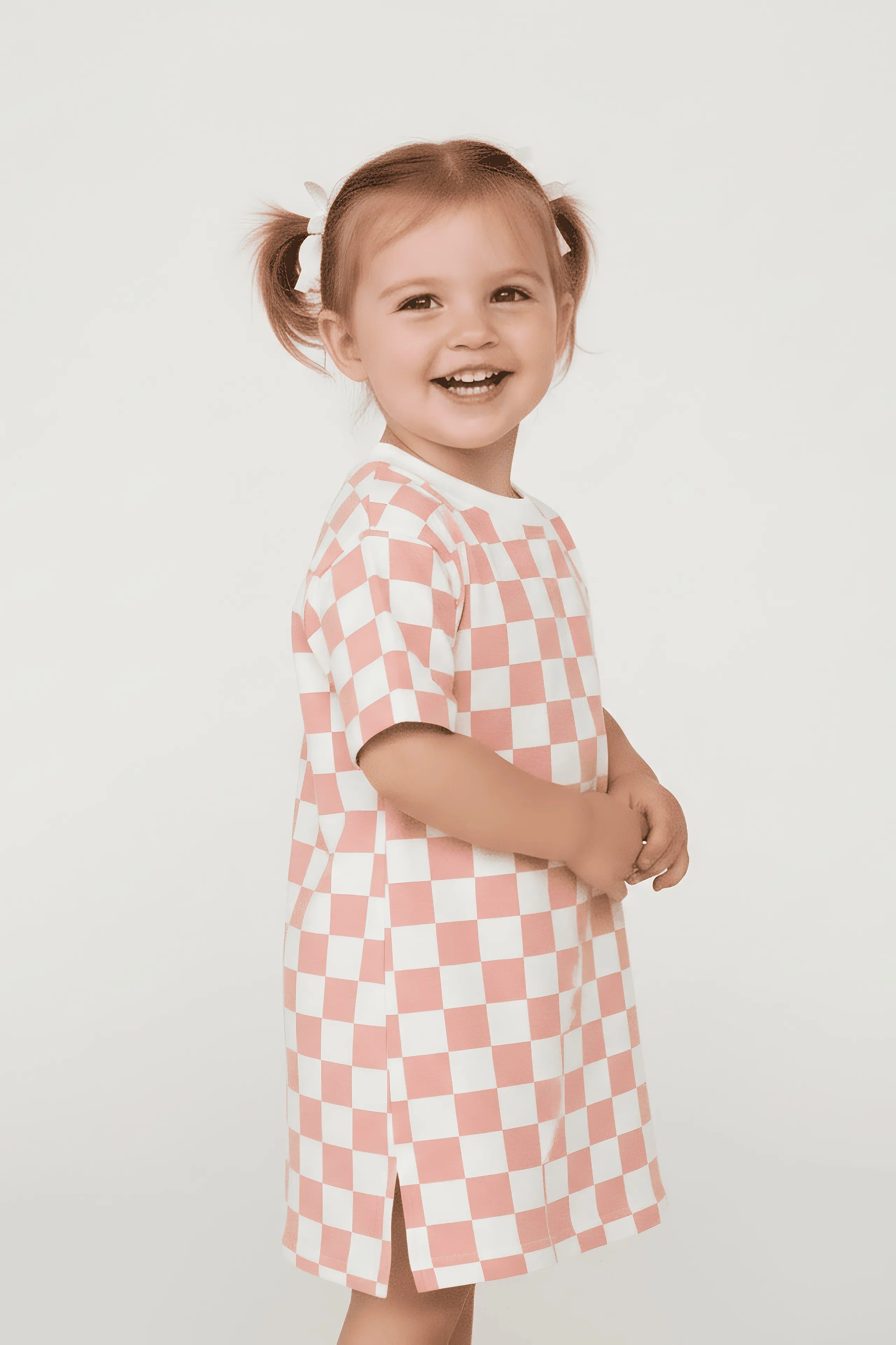 Peach Checkered Kids T-Shirt Dress