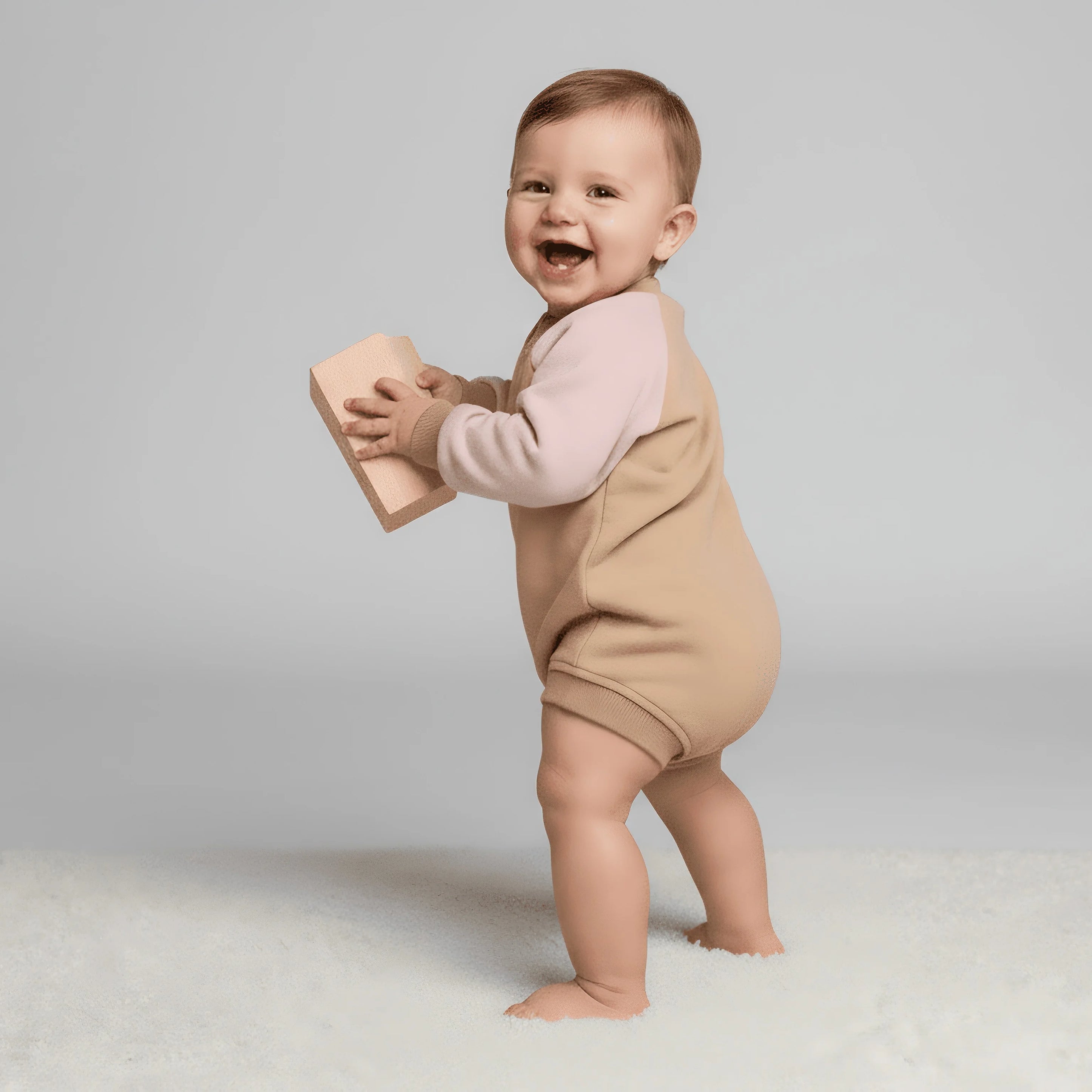 Baby in a Bubba's and Mama's beige and pink outfit holding a book against a plain background