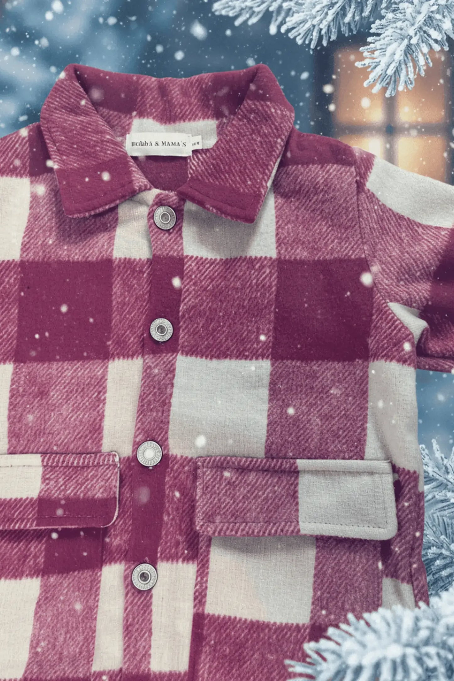 Plaid Bubba's and Mama's shirt with a brand label against a snowy background