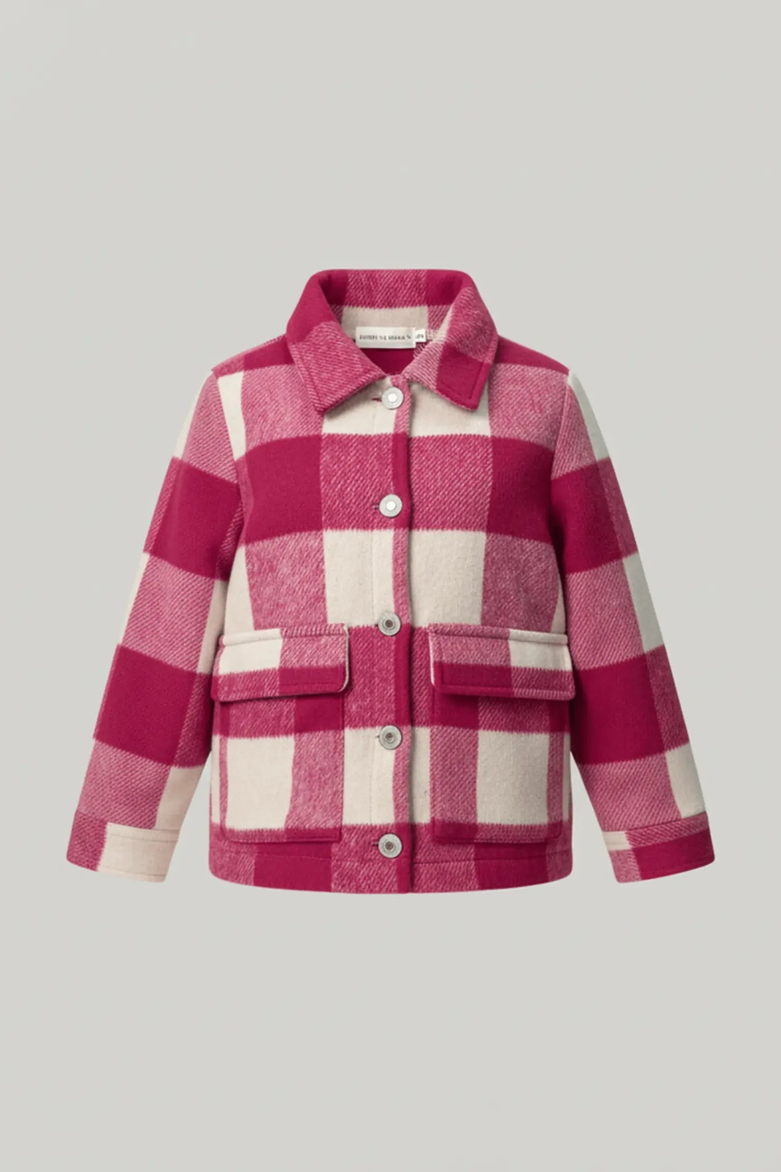 Pink and white checkered Bubba's and Mama's jacket on a gray background