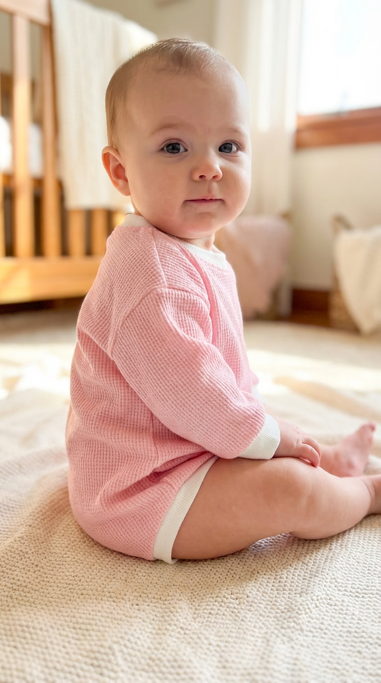 Baby in a pink outfit sitting on a beige blanket in a softly lit room.