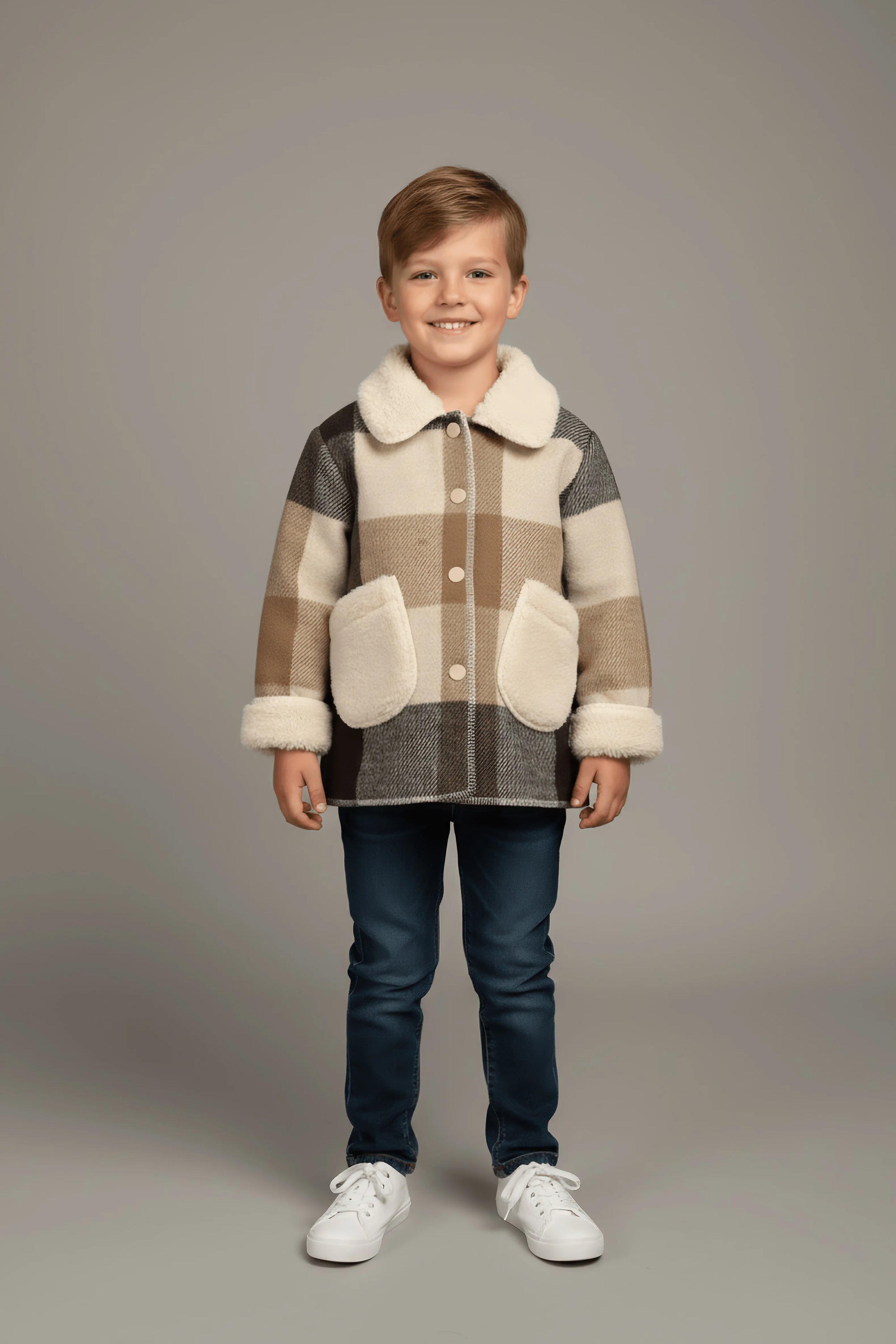 Child wearing a checkered Bubba's and Mama's coat with white collar and cuffs on a gray background