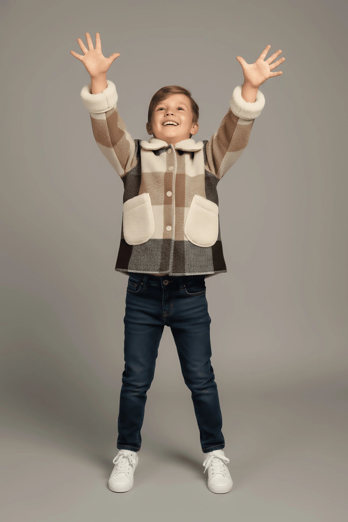Child wearing a plaid Bubba's and Mama's jacket and jeans with arms raised on a gray background