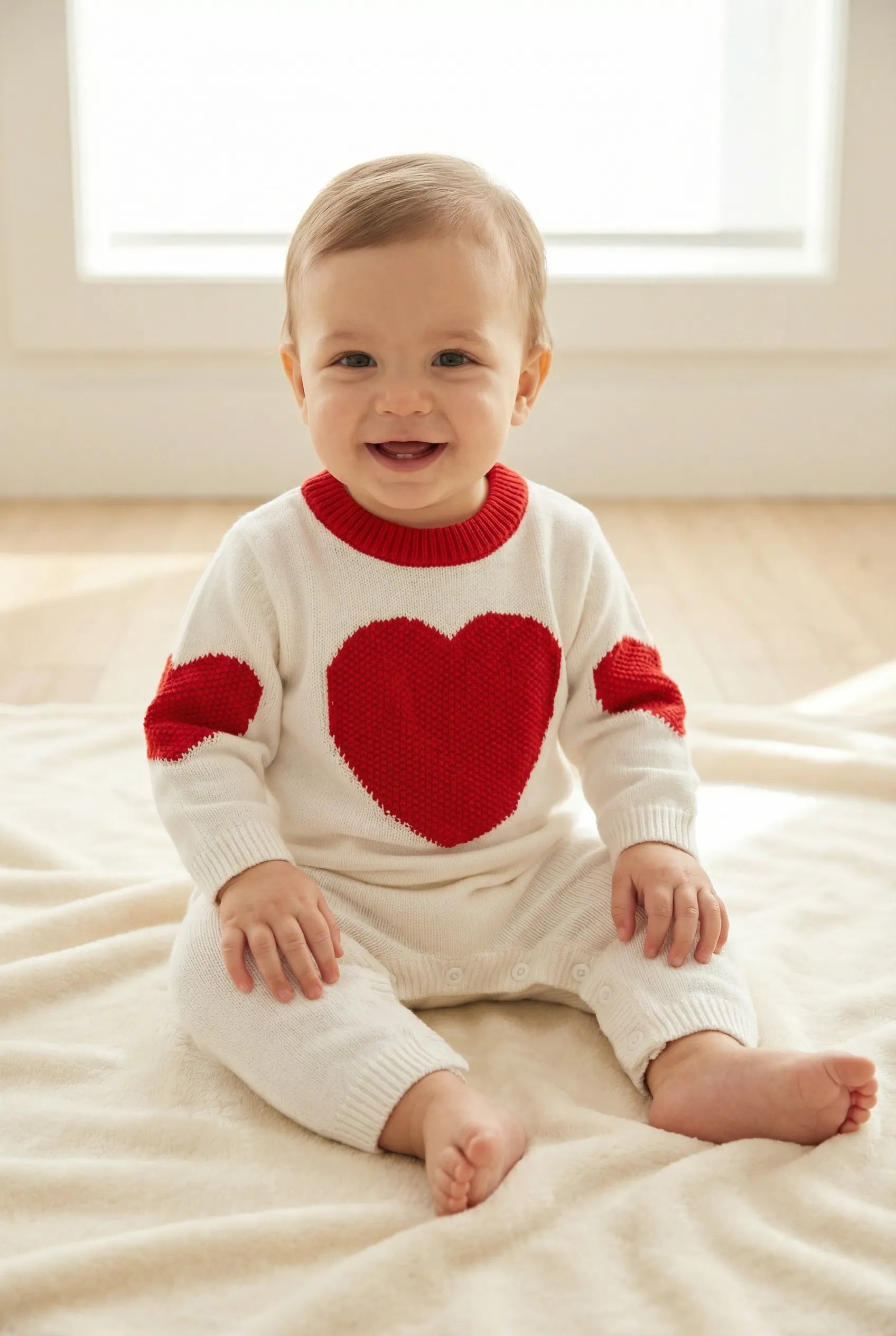 Baby wearing a white sweater with a red heart design, sitting on a beige blanket.
