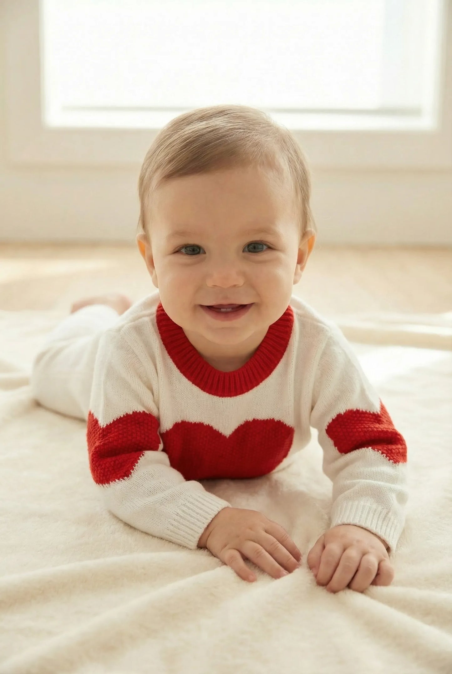 Baby wearing a white sweater with red heart patterns, sitting on a light-colored surface.