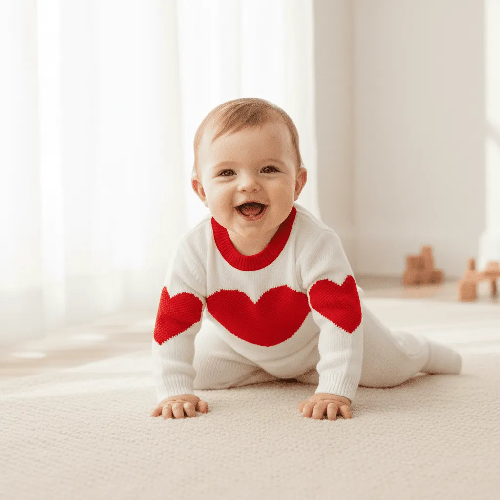 Baby wearing a white sweater with red heart patterns, sitting on a light-colored floor.