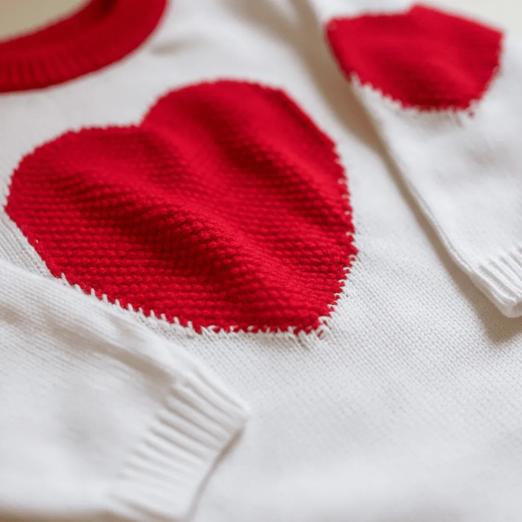 White sweater with red heart patterns on a light background
