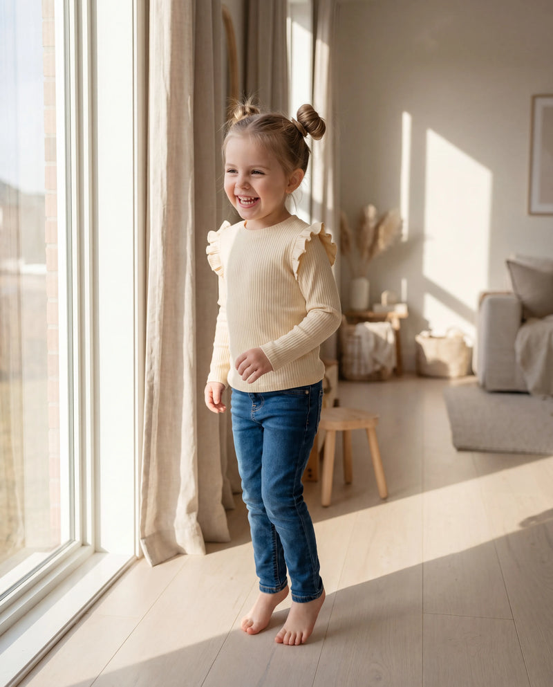 Ribbed Ruffle Long-Sleeve Top