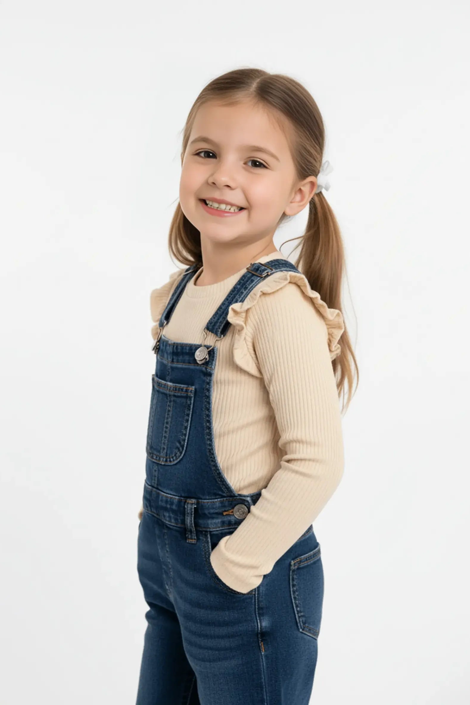 Young girl wearing blue denim Bubba's and Mama's overalls and a beige ruffled shirt on a white background
