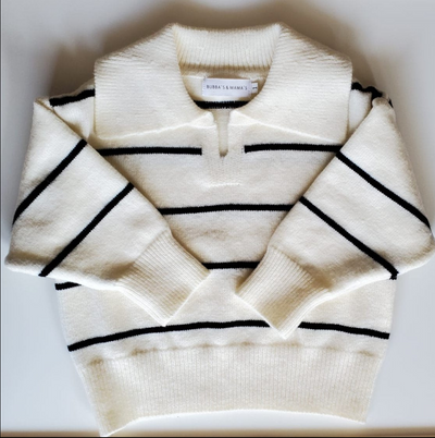 Classic Cream Striped Knit Polo Sweater