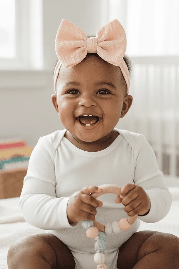 Baby wearing a white onesie and pink bow headband, holding a teething toy.