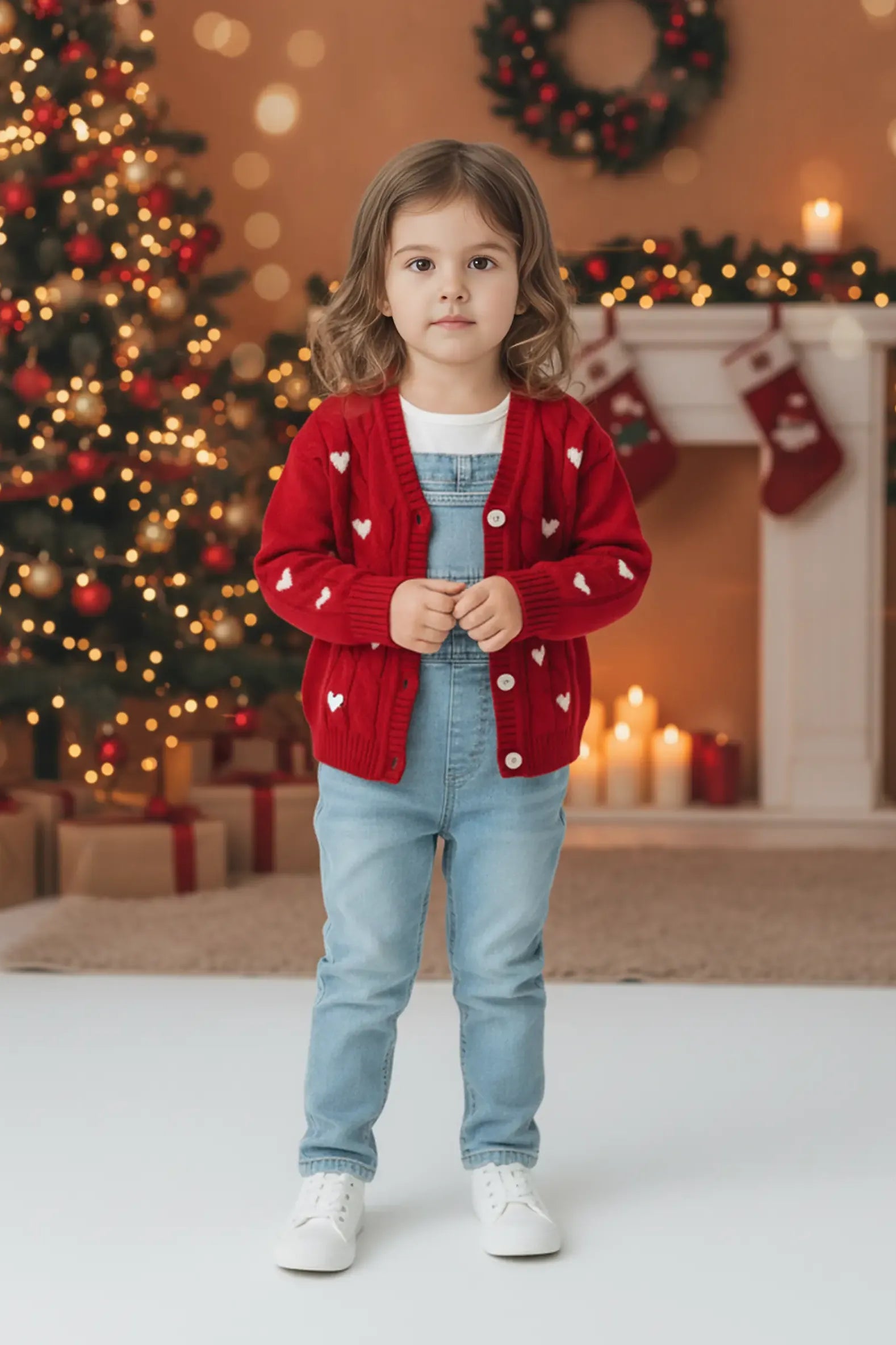 Child wearing a red Bubba's and Mama's cardigan with heart patterns in a festive setting with Christmas decorations.