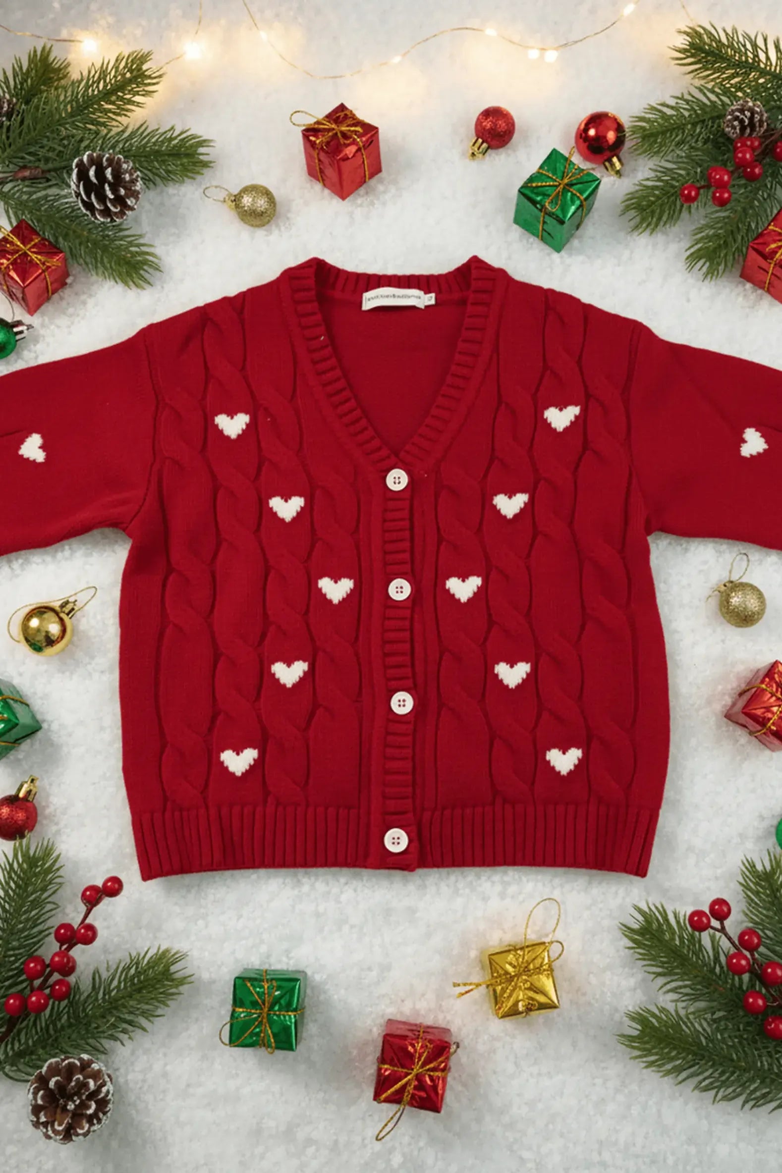 Red Bubba's and Mama's cardigan with heart patterns on a snowy background with Christmas decorations