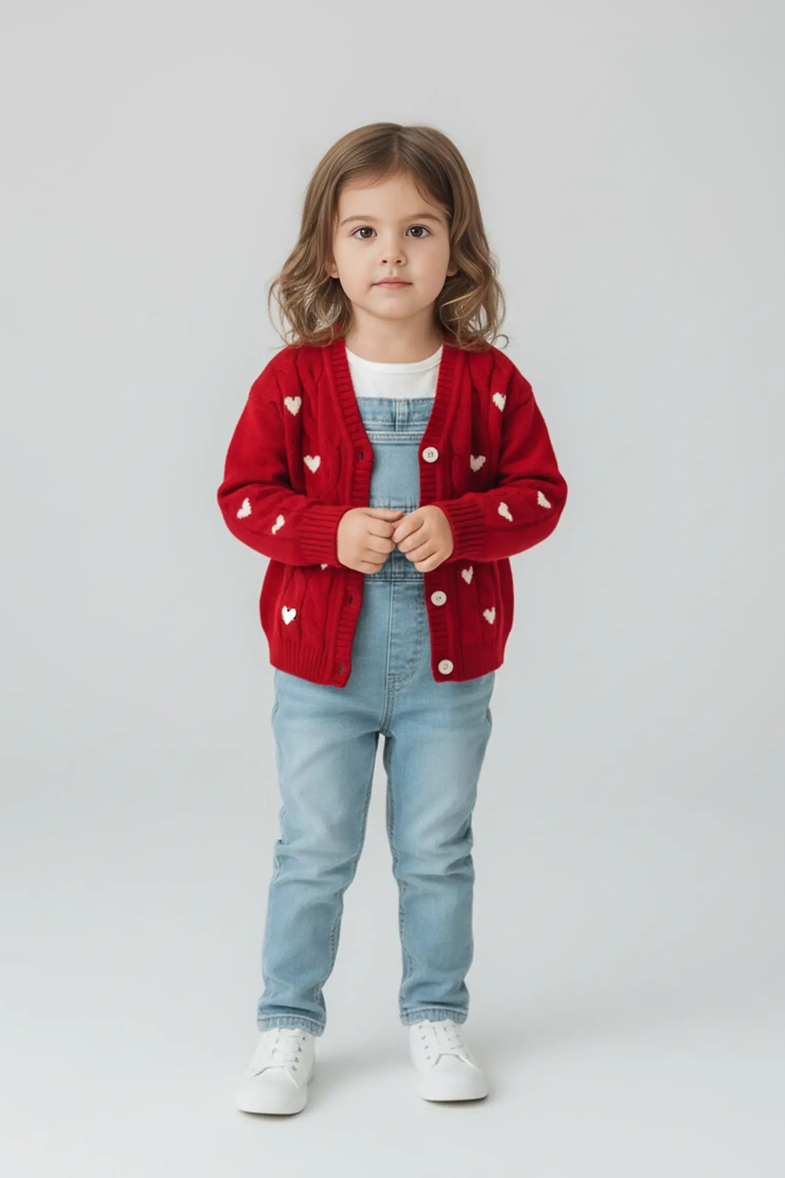 Child wearing a red Bubba's and Mama's cardigan with heart patterns on a plain background