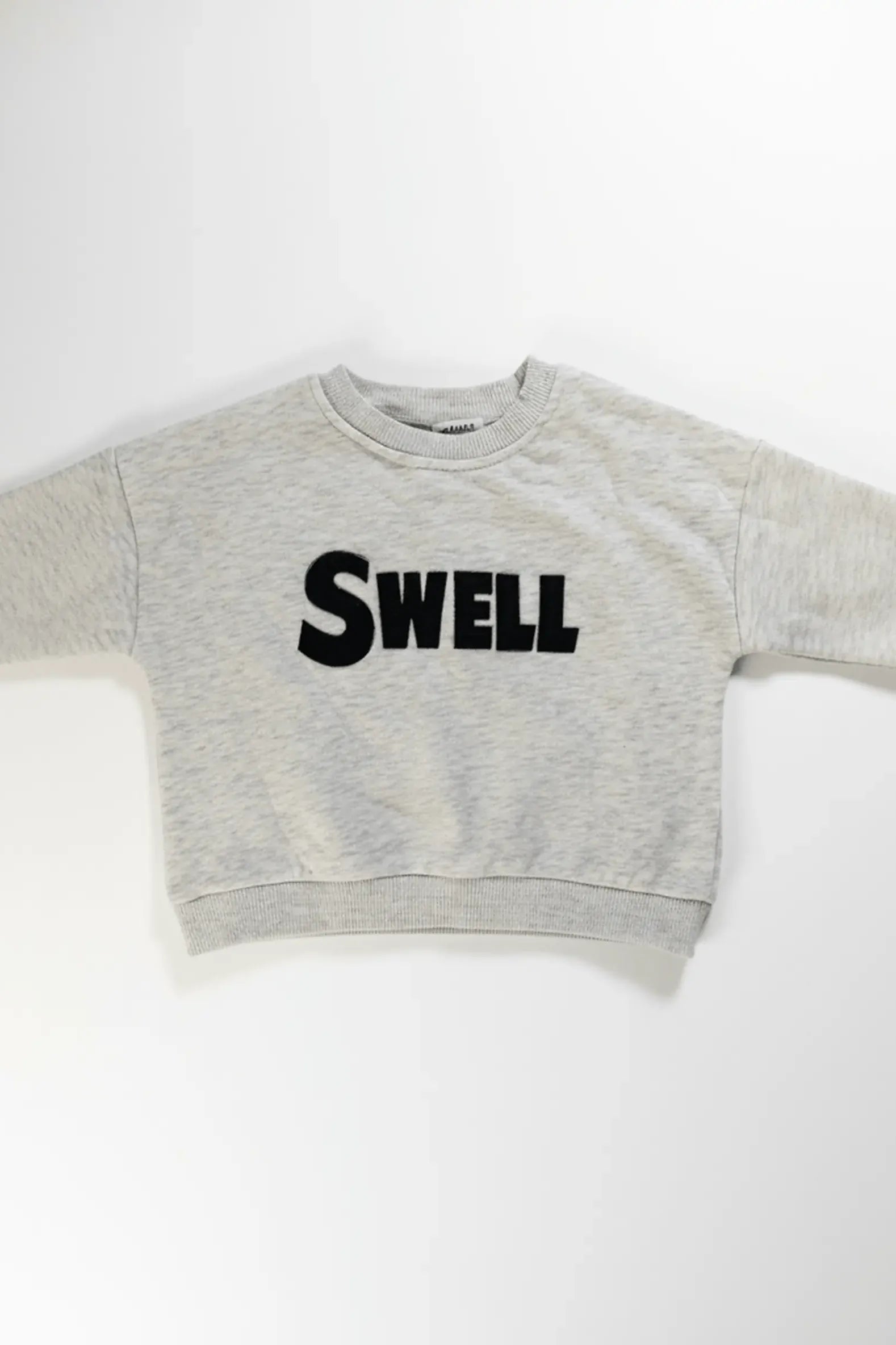 Gray cropped Bubba's and Mama's sweatshirt with 'SWELL' text on a white background